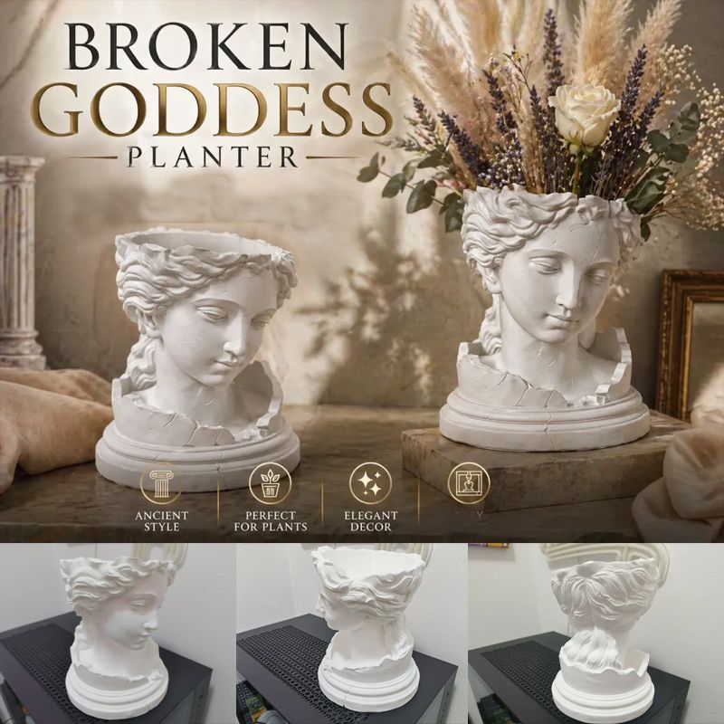 A 3D-printed, broken goddess-themed flowerpot, combining decorative and functional elements, in white. - Image 1