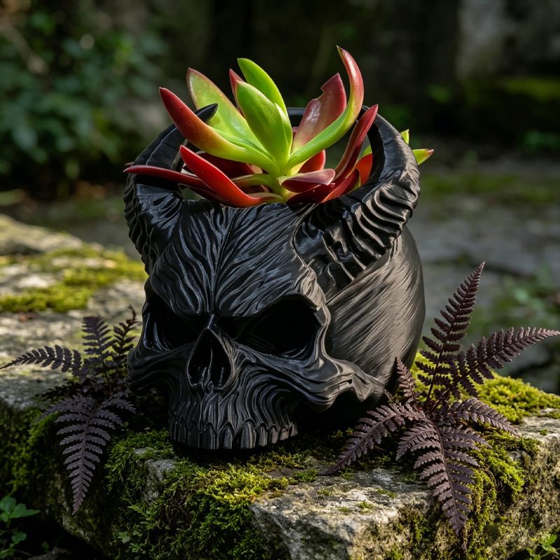 3D-printed horned skull flower pot, succulent plant pot, black. - Image 1