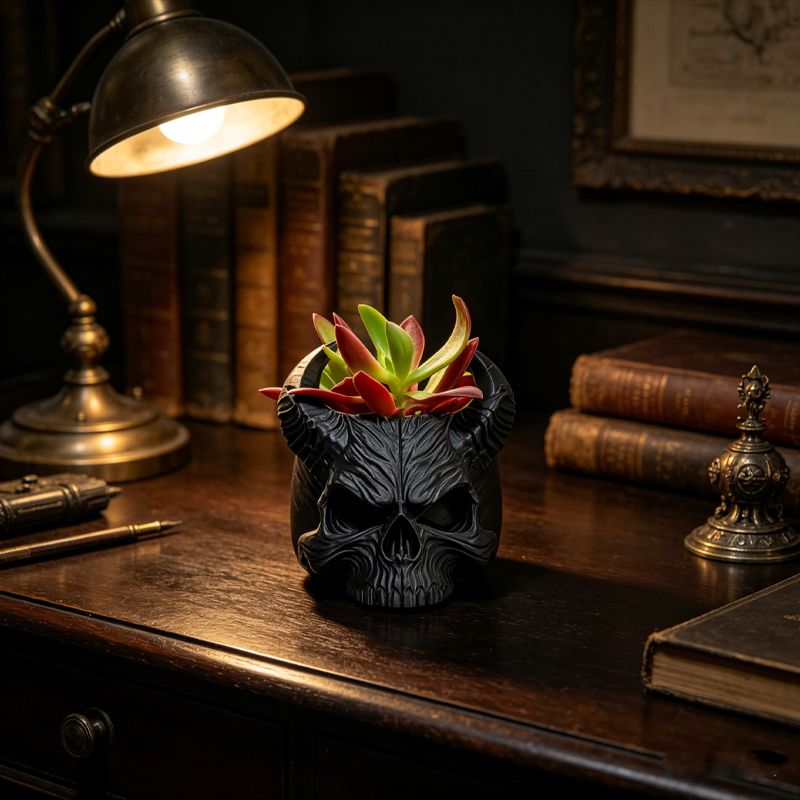 3D-printed horned skull flower pot, succulent plant pot, black. - Image 2