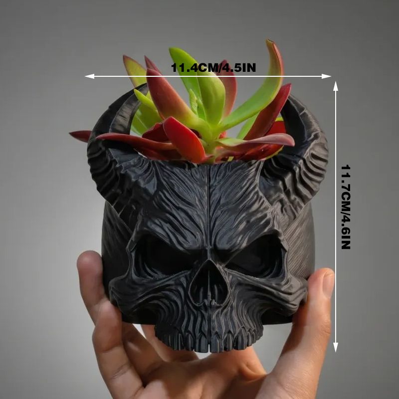 3D-printed horned skull flower pot, succulent plant pot, black. - Image 3