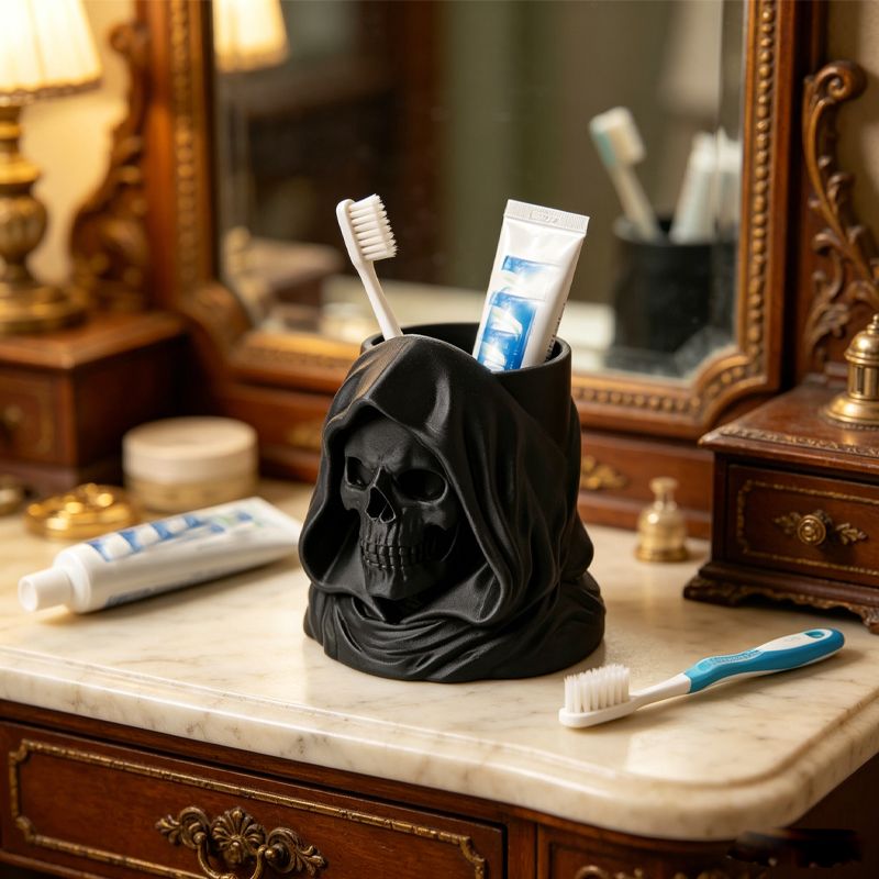 3D-printed hooded skull organizer, perfect for storing toothbrushes and toothpaste in your bathroom. Black. - Image 1