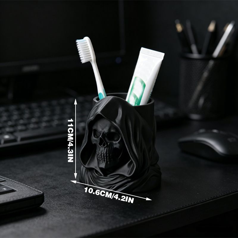 3D-printed hooded skull organizer, perfect for storing toothbrushes and toothpaste in your bathroom. Black. - Image 3