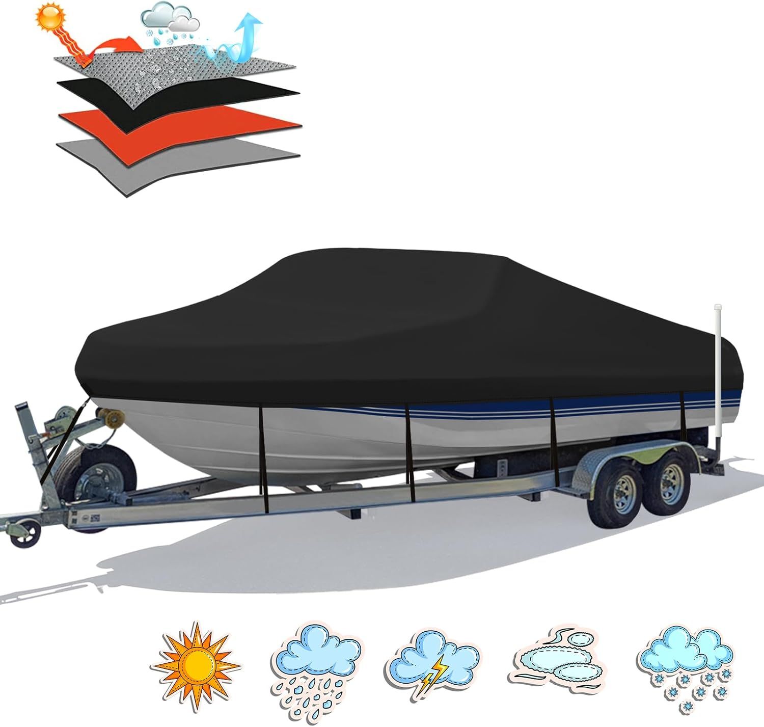 Trailerable Boat Cover – 600DHeavy Duty Waterproof Tarp with Storage Bag, Designed for V-Hull, Fish & Ski, Runabout, Bass & Fishing Boats,11-13FTSilver - Image 1