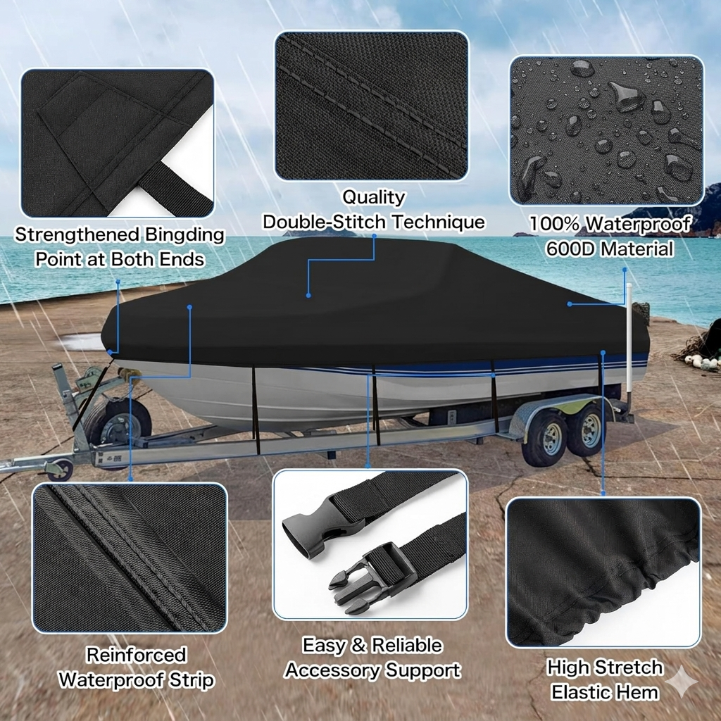 Trailerable Boat Cover – 600DHeavy Duty Waterproof Tarp with Storage Bag, Designed for V-Hull, Fish & Ski, Runabout, Bass & Fishing Boats,17-19FTBlack - Image 3