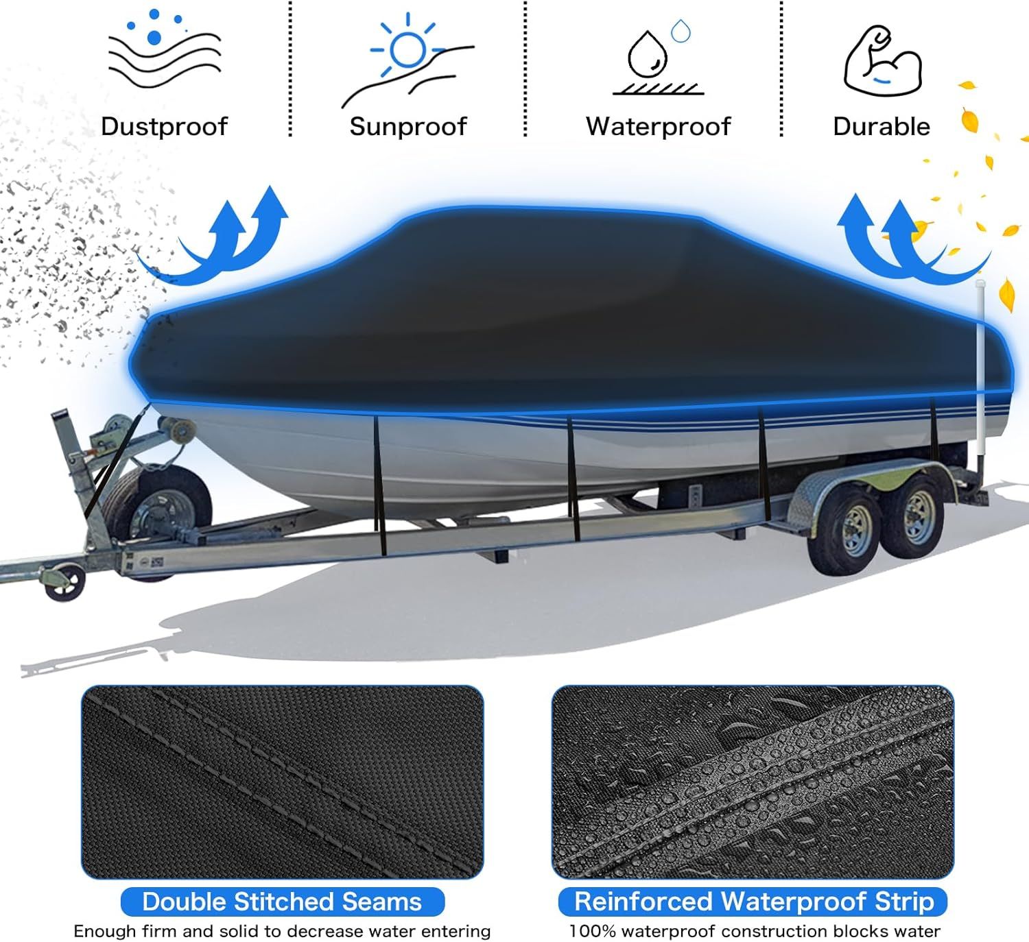 Trailerable Boat Cover – 600DHeavy Duty Waterproof Tarp with Storage Bag, Designed for V-Hull, Fish & Ski, Runabout, Bass & Fishing Boats,17-20FTBlack - Image 4