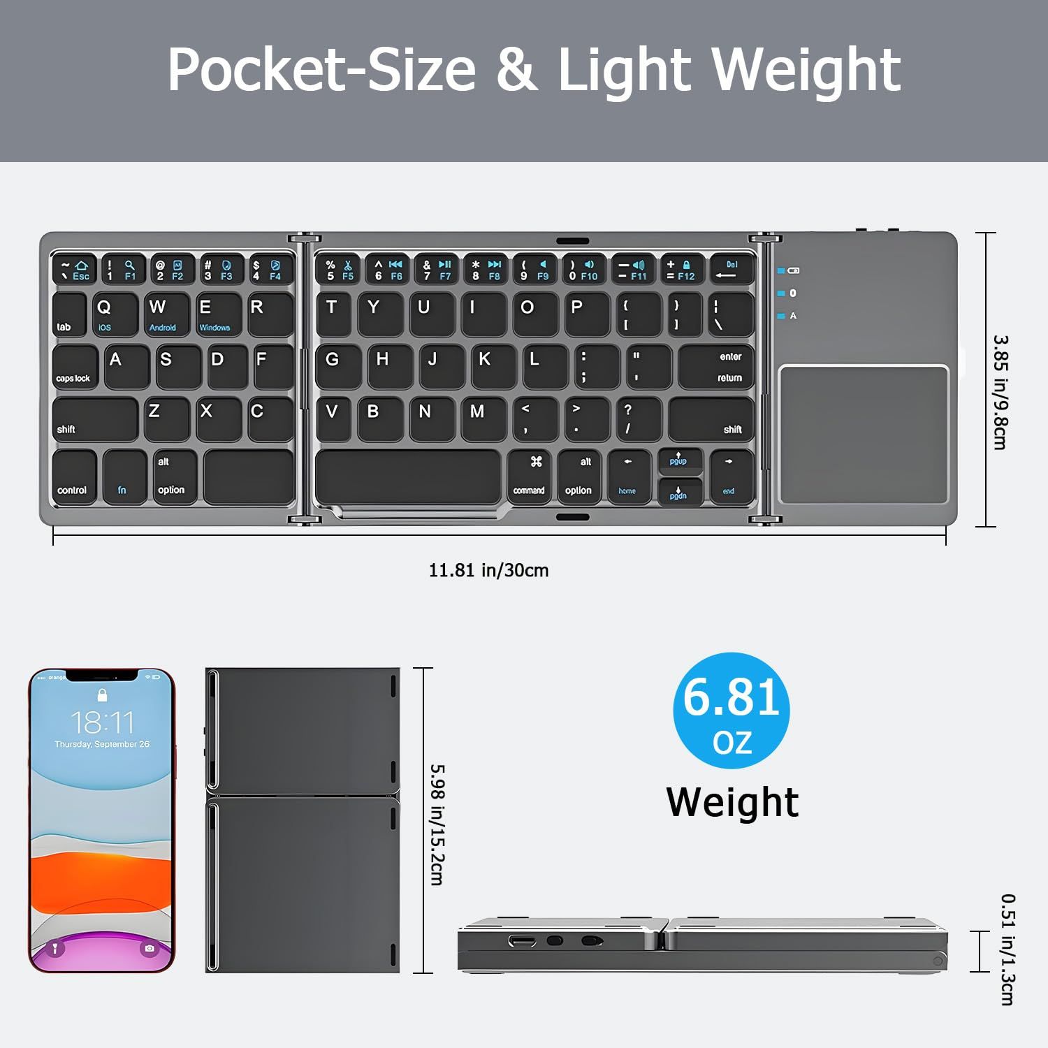 Foldable Bluetooth Keyboard with Touchpad, Wireless Portable Keyboard, Ultra Slim Rechargeable Folding Keyboard with Full-Size Keys for iOS Android Windows Laptop Tablet PC,Black - Image 6