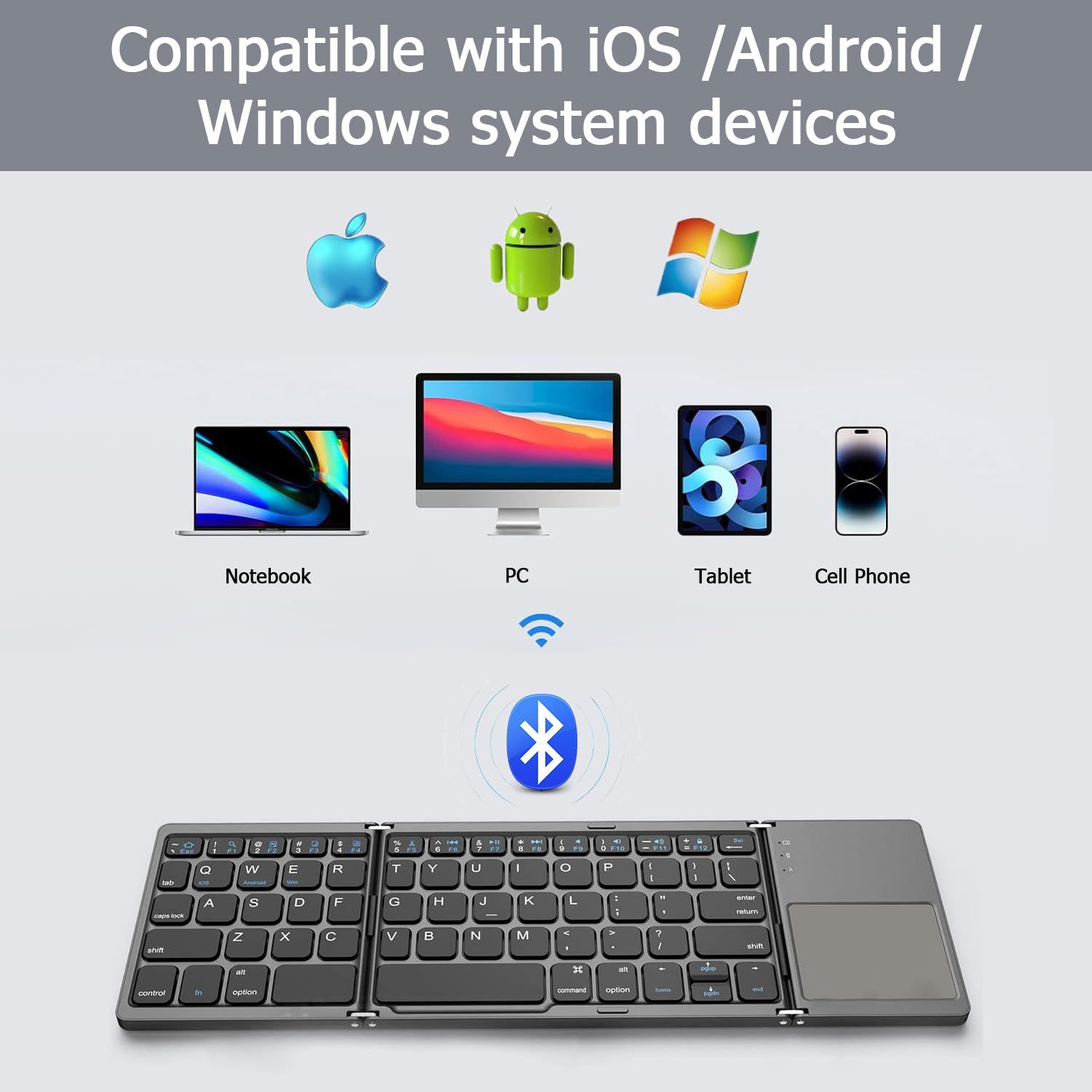 Foldable Bluetooth Keyboard with Touchpad, Wireless Portable Keyboard, Ultra Slim Rechargeable Folding Keyboard with Full-Size Keys for iOS Android Windows Laptop Tablet PC,Silver - Image 2