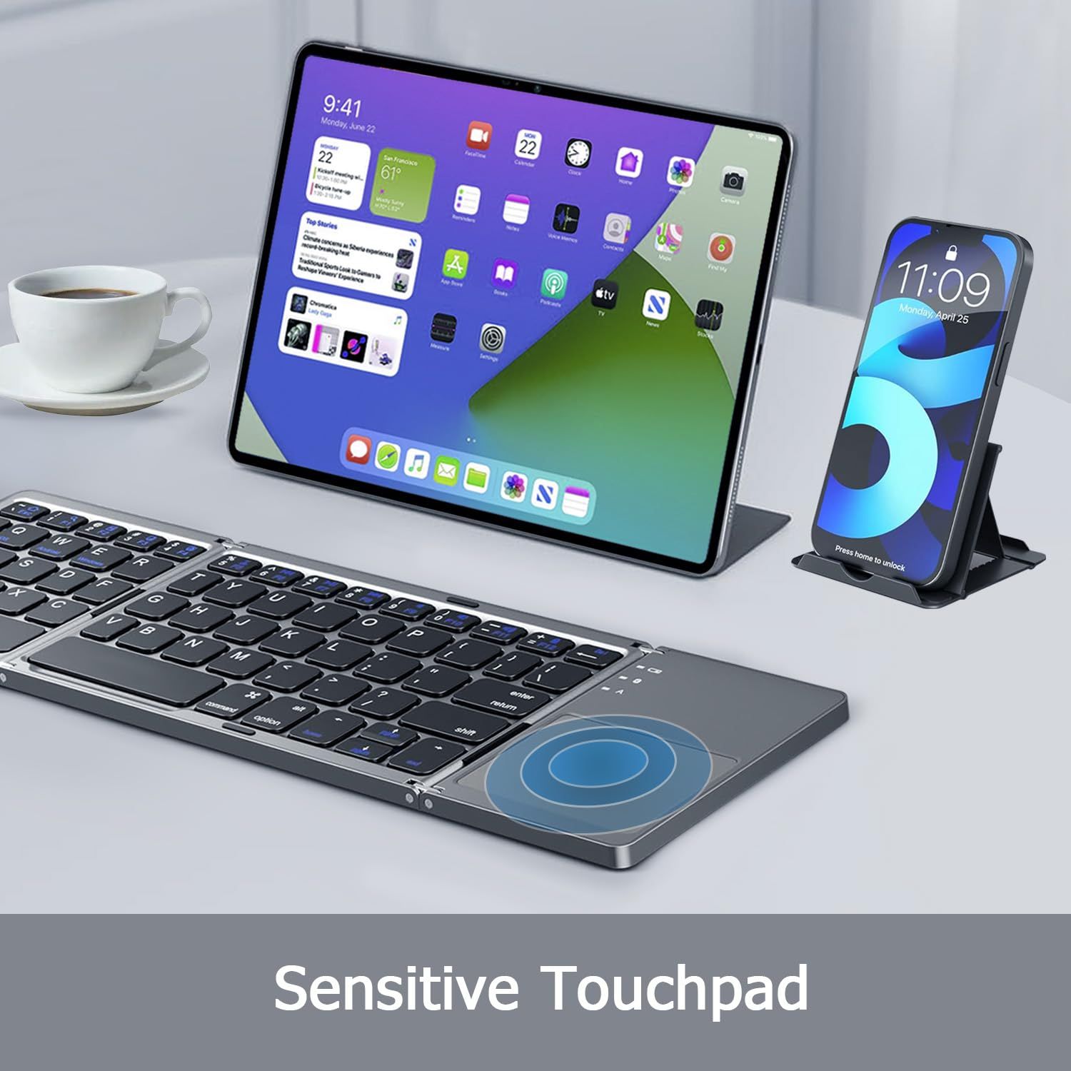 Foldable Bluetooth Keyboard with Touchpad, Wireless Portable Keyboard, Ultra Slim Rechargeable Folding Keyboard with Full-Size Keys for iOS Android Windows Laptop Tablet PC,Silver - Image 4