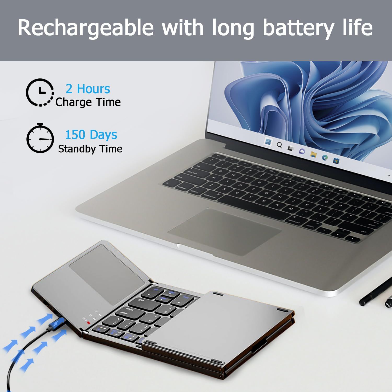 Foldable Bluetooth Keyboard with Touchpad, Wireless Portable Keyboard, Ultra Slim Rechargeable Folding Keyboard with Full-Size Keys for iOS Android Windows Laptop Tablet PC,Silver - Image 5