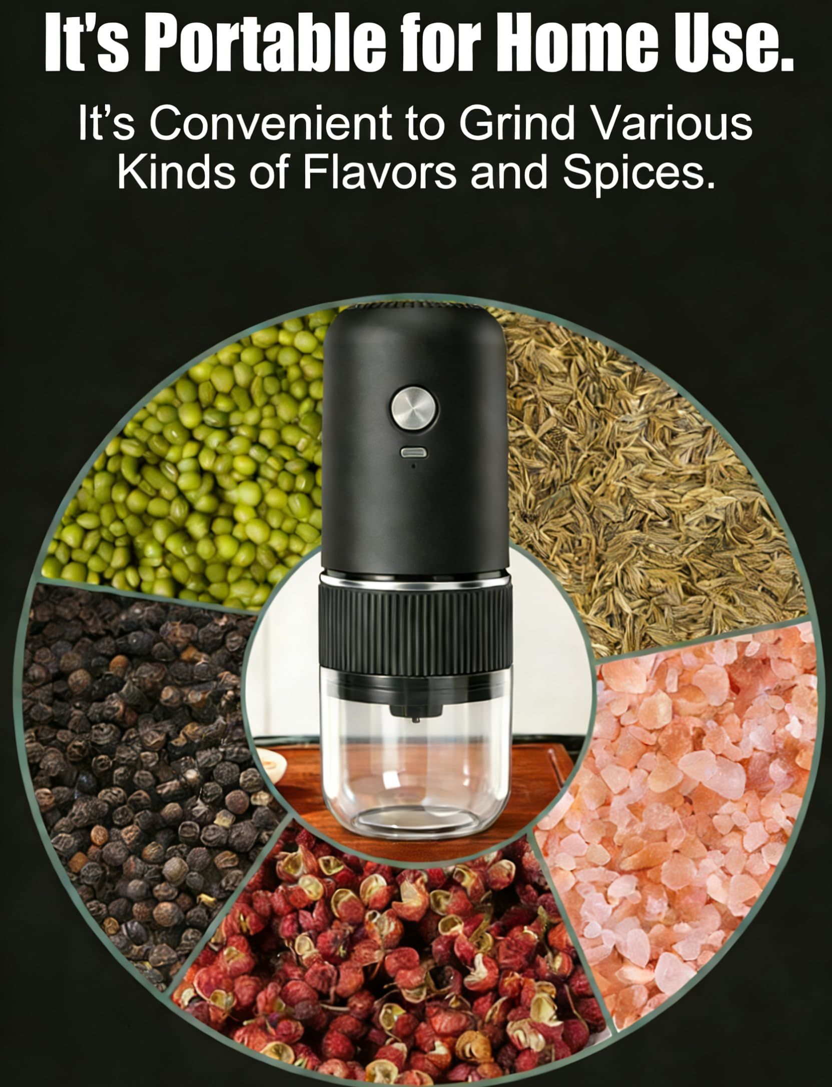 Black electric coffee grinder, automatic spice grinder, rechargeable, salt grinder, pepper grinder, adjustable coarseness, detachable design, kitchen tool. - Image 7