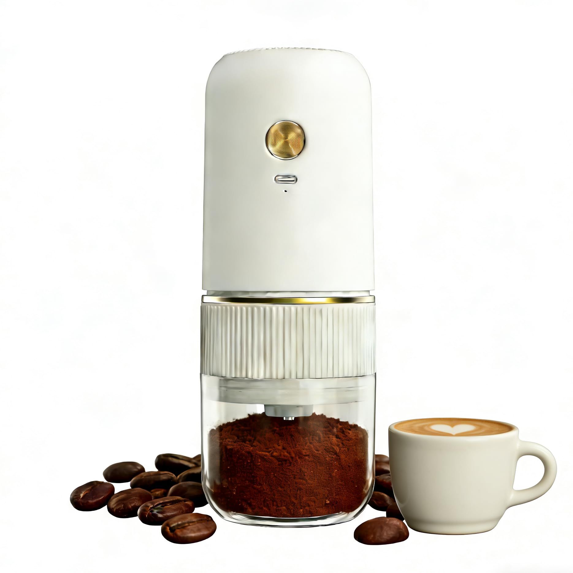 White electric coffee grinder, automatic spice grinder, rechargeable, salt grinder, pepper grinder, adjustable coarseness, detachable design, kitchen tool. - Image 1