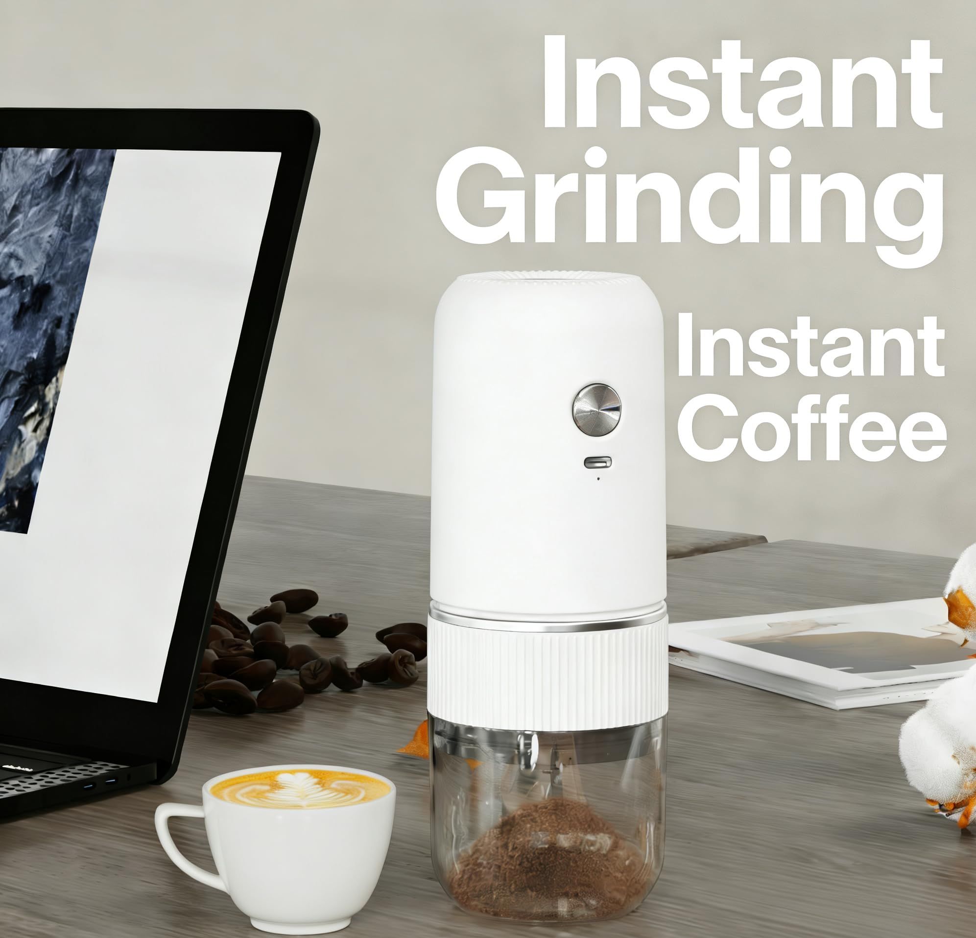 White electric coffee grinder, automatic spice grinder, rechargeable, salt grinder, pepper grinder, adjustable coarseness, detachable design, kitchen tool. - Image 2
