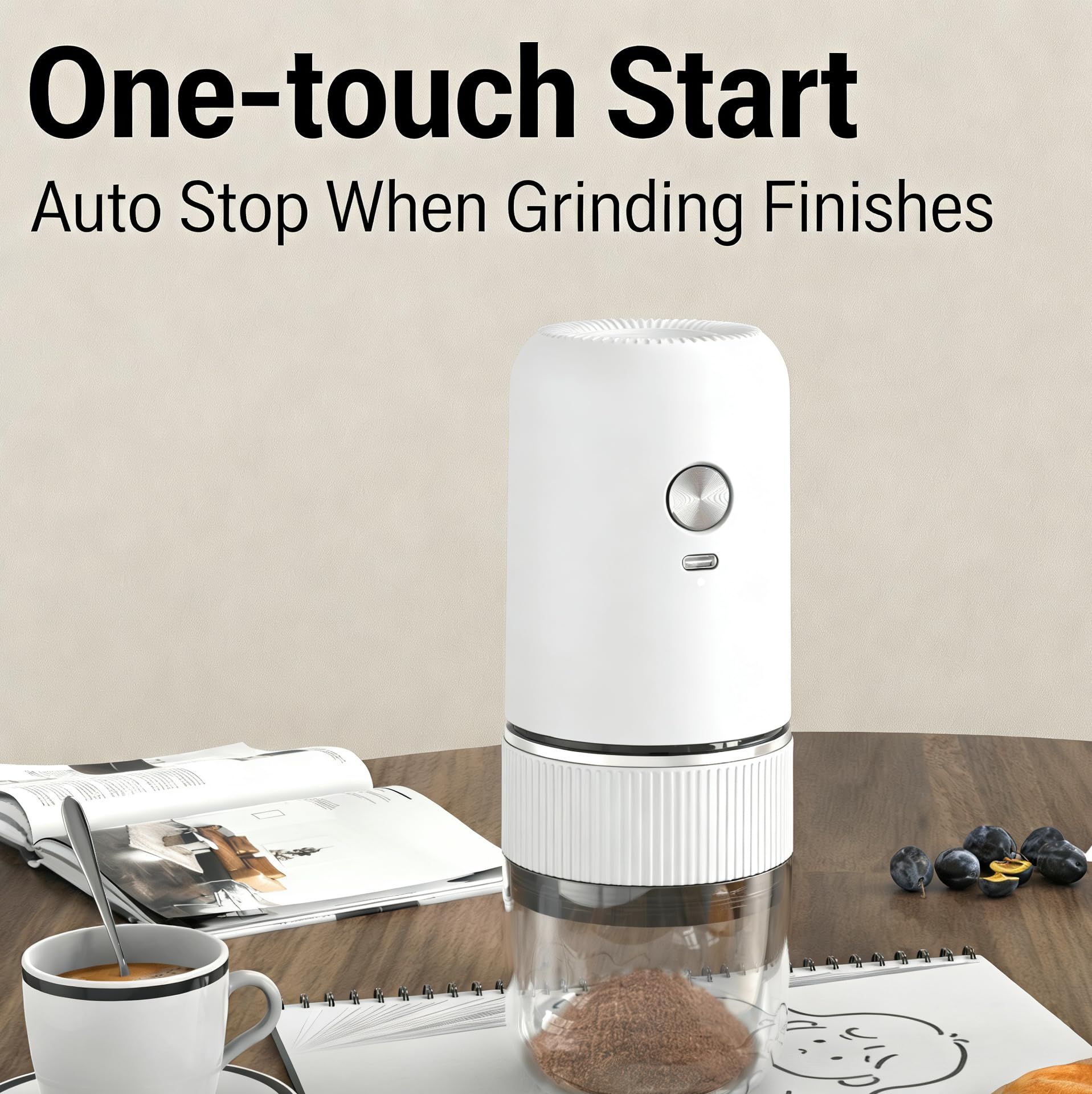 White electric coffee grinder, automatic spice grinder, rechargeable, salt grinder, pepper grinder, adjustable coarseness, detachable design, kitchen tool. - Image 3
