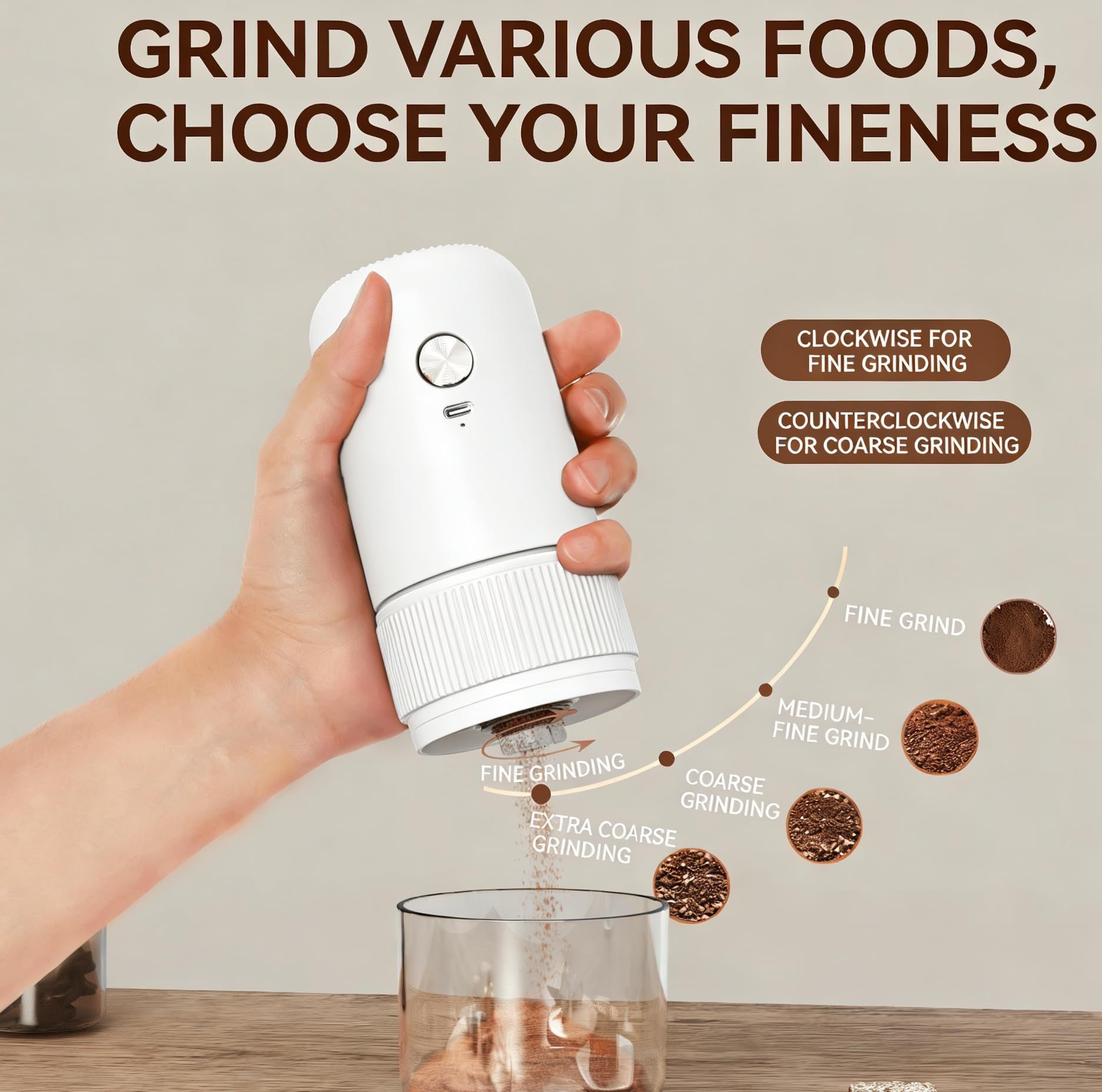 White electric coffee grinder, automatic spice grinder, rechargeable, salt grinder, pepper grinder, adjustable coarseness, detachable design, kitchen tool. - Image 4
