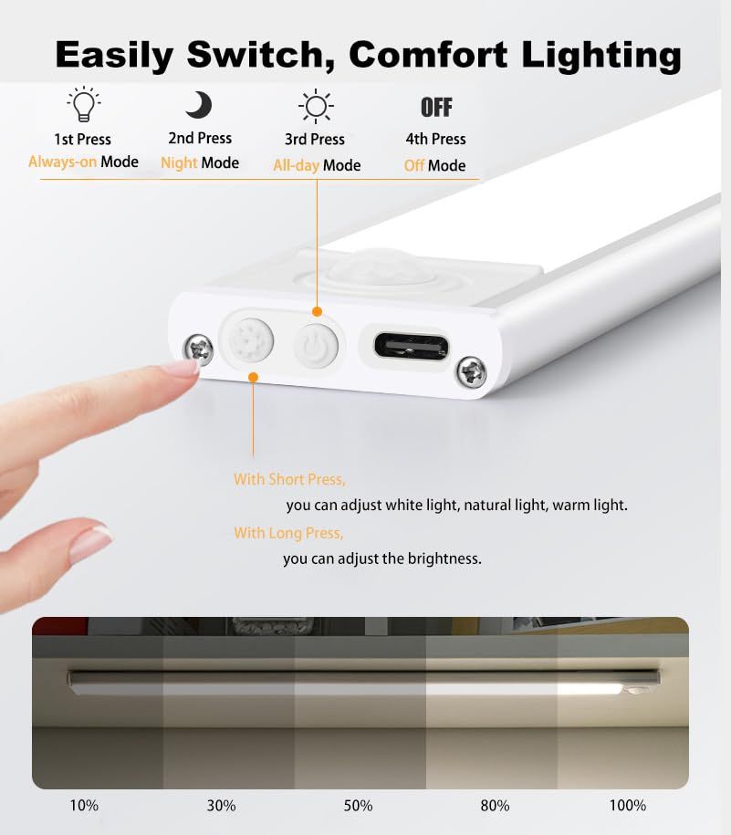 20cm silver LED light strip, wireless magnetic under-cabinet lighting, USB rechargeable, suitable for wardrobes, kitchens, and hallways. - Image 3
