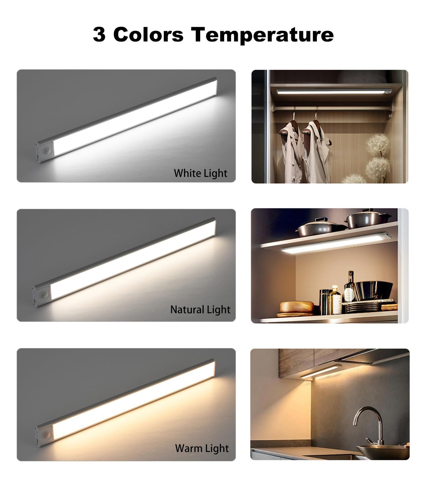 60cm silver LED light strip, wireless magnetic under-cabinet lighting, USB rechargeable, suitable for wardrobes, kitchens, and hallways. - Image 2
