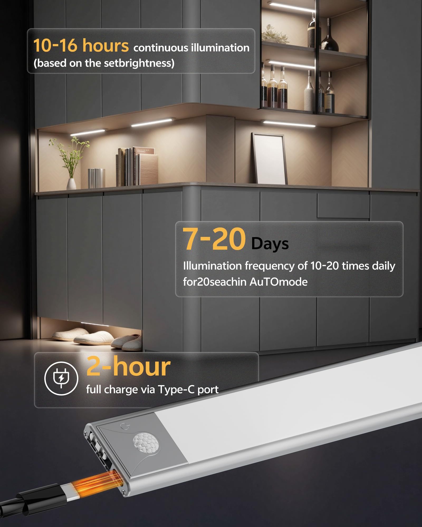 20cm black LED strip, wireless magnetic under-cabinet lighting, USB rechargeable, suitable for wardrobes, kitchens, and hallways. - Image 4