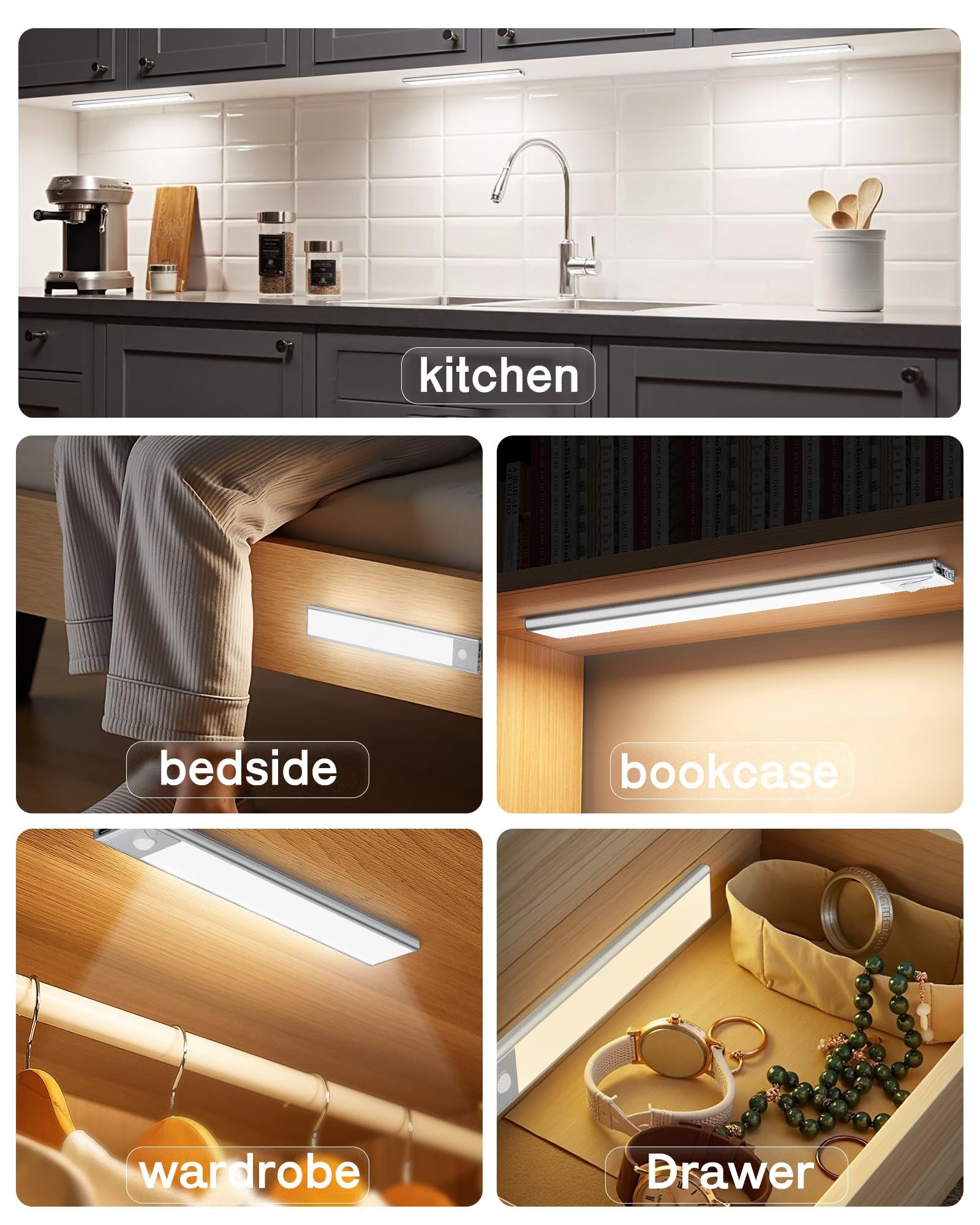 20cm black LED strip, wireless magnetic under-cabinet lighting, USB rechargeable, suitable for wardrobes, kitchens, and hallways. - Image 7