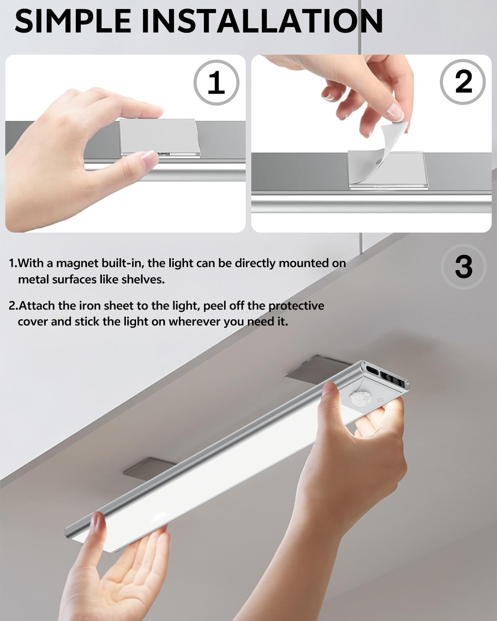 40cm black LED strip, wireless magnetic under-cabinet lighting, USB rechargeable, suitable for wardrobes, kitchens, and hallways. - Image 6