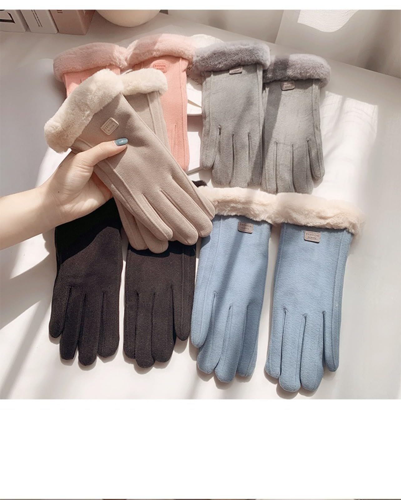 Off-white women's Minimalist Solid Color Touchscreen Gloves, Elegant Modern Windproof Warm Riding, Fuzzy Gloves for Fall & Winter - Image 2