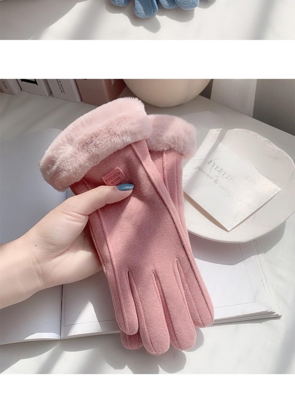 Black women's Minimalist Solid Color Touchscreen Gloves, Elegant Modern Windproof Warm Riding, Fuzzy Gloves for Fall & Winter - Image 4