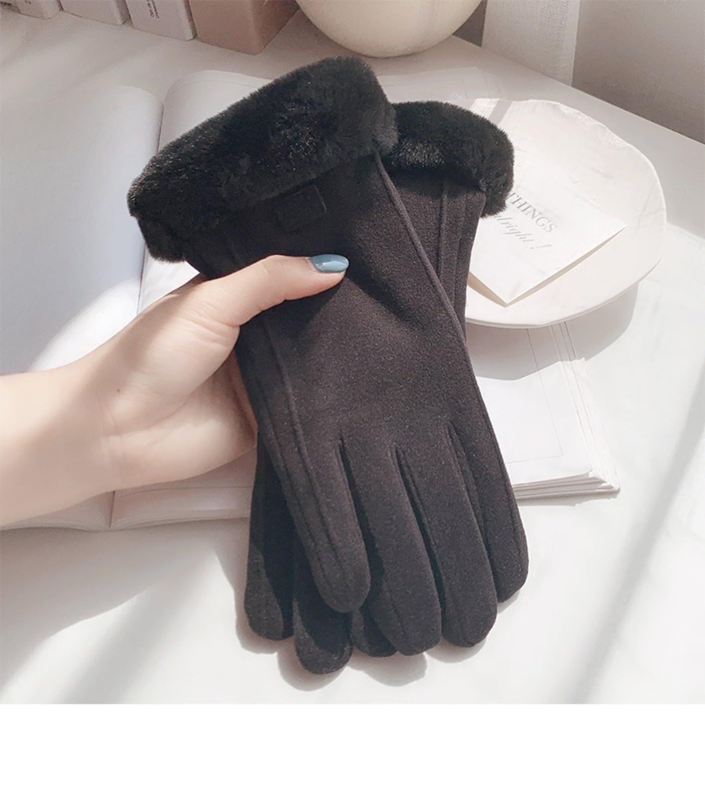 Grey women's Minimalist Solid Color Touchscreen Gloves, Elegant Modern Windproof Warm Riding, Fuzzy Gloves for Fall & Winter - Image 5