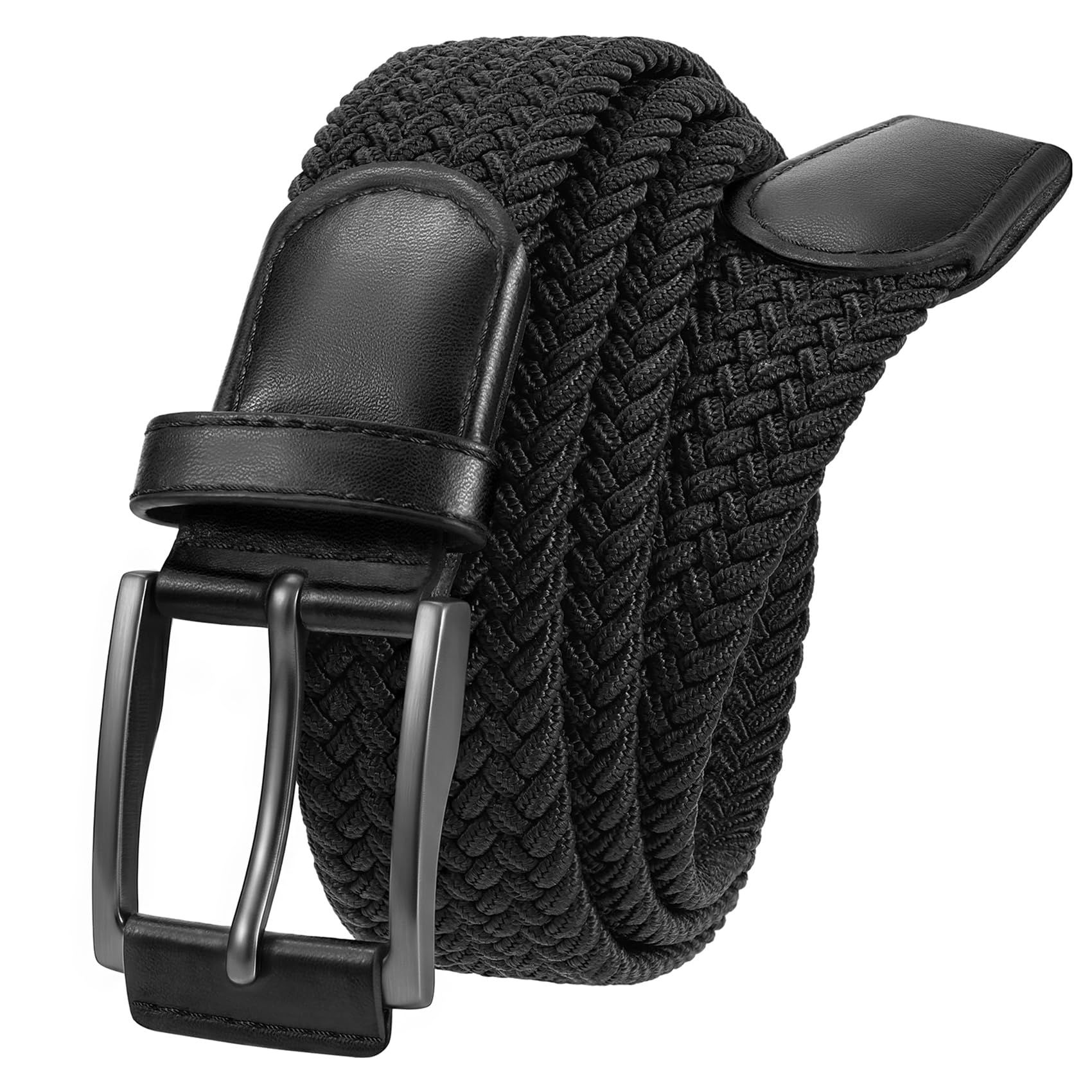 Unisex stretch black woven canvas belt with pin buckle, suitable for jeans, casual pants, shorts and casual wear. - Image 1