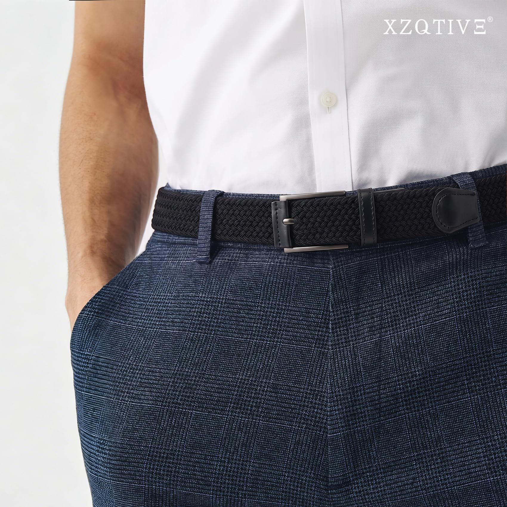 Unisex stretch black woven canvas belt with pin buckle, suitable for jeans, casual pants, shorts and casual wear. - Image 3