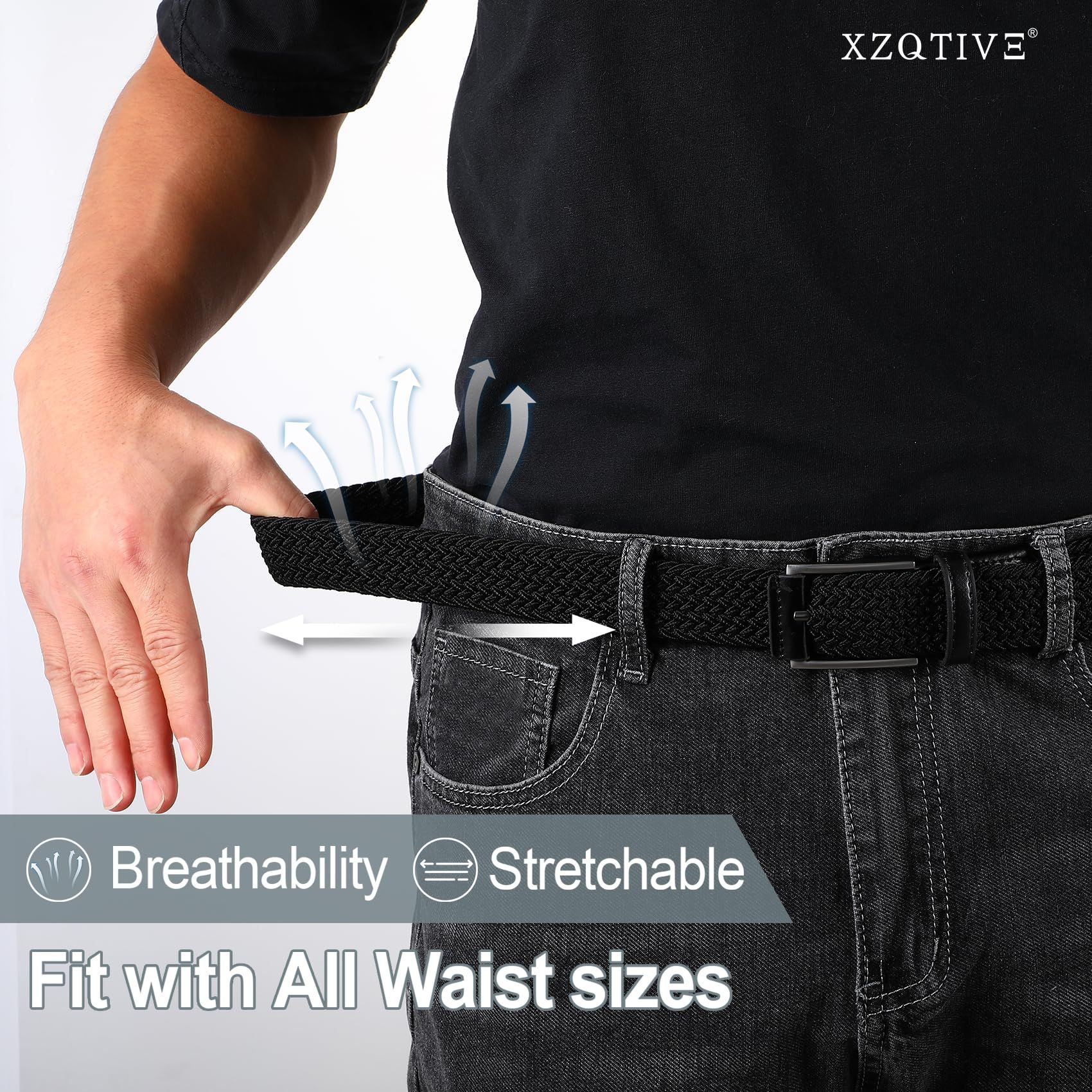 Unisex stretch black woven canvas belt with pin buckle, suitable for jeans, casual pants, shorts and casual wear. - Image 5