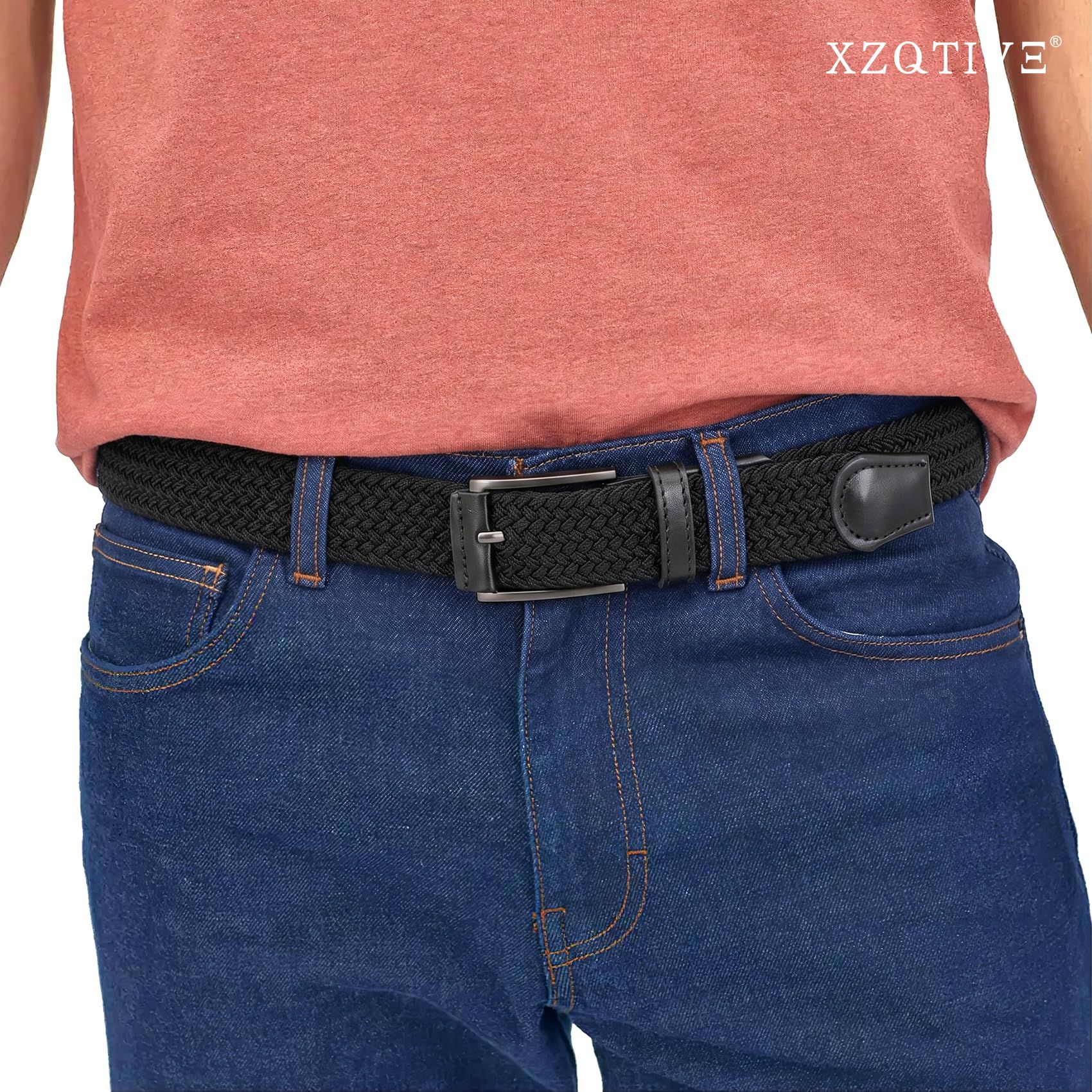 Unisex stretch black woven canvas belt with pin buckle, suitable for jeans, casual pants, shorts and casual wear. - Image 6