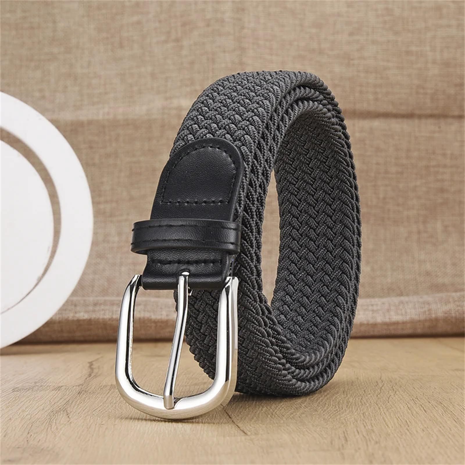 Unisex stretch grey woven canvas belt with pin buckle, suitable for jeans, casual pants, shorts and casual wear. - Image 1