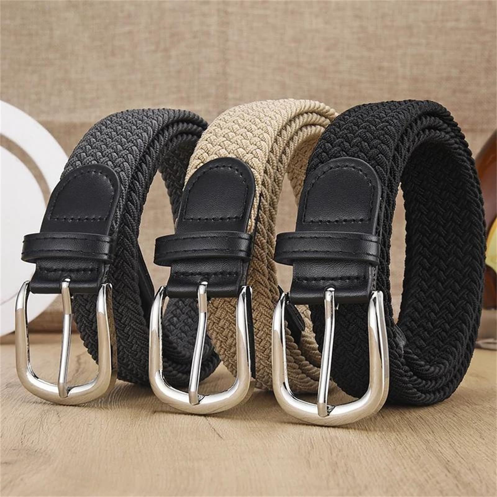 Unisex stretch grey woven canvas belt with pin buckle, suitable for jeans, casual pants, shorts and casual wear. - Image 2