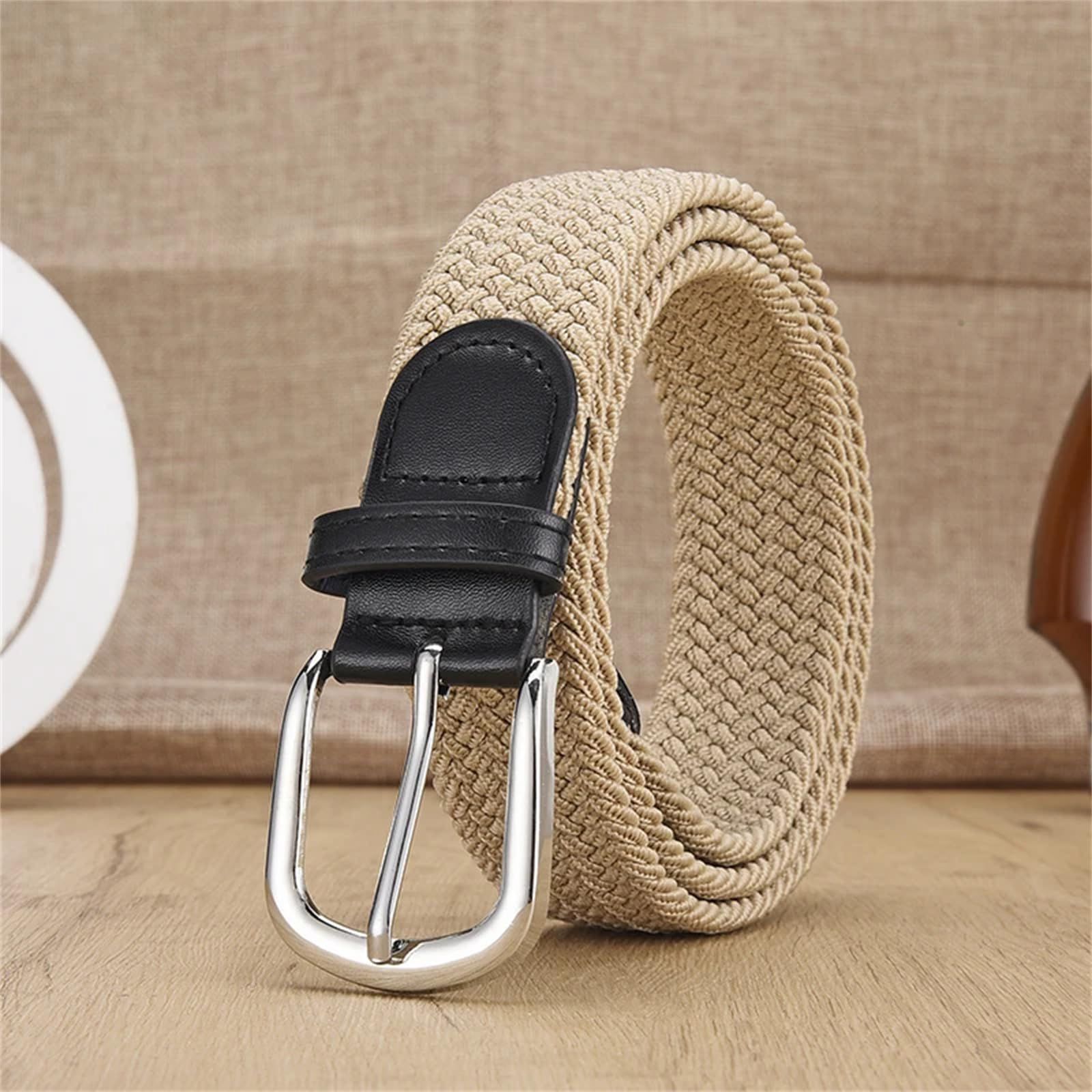 Unisex stretch khaki woven canvas belt with pin buckle, suitable for jeans, casual pants, shorts and casual wear. - Image 3