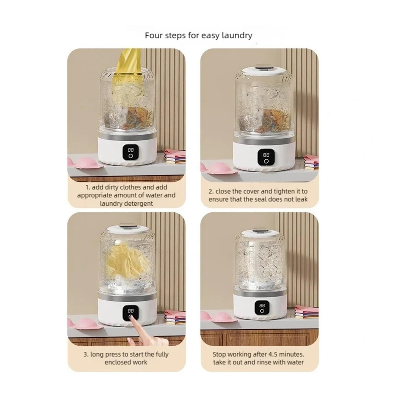 Pink portable mini washing machine, suitable for underwear, socks, baby clothes - rechargeable cordless compact washing machine, suitable for small loads, travel and dormitory use - USB rechargeable home/apartment washing machine - Image 5