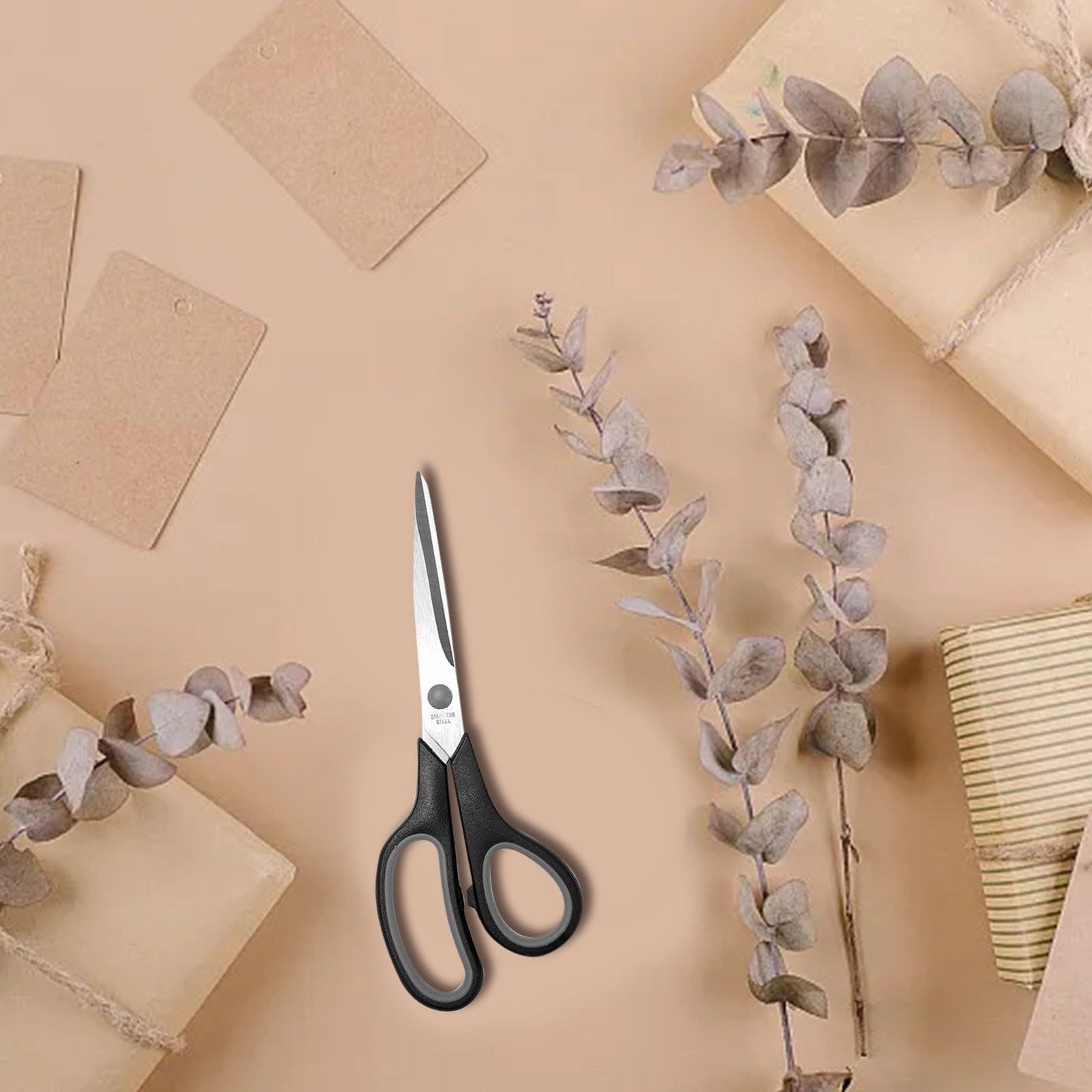Gray multi-purpose scissors with an 8-inch ergonomic and comfortable grip, ultra-sharp stainless steel blades, heavy-duty sewing scissors suitable for crafts, office sewing, home and school use. - Image 3