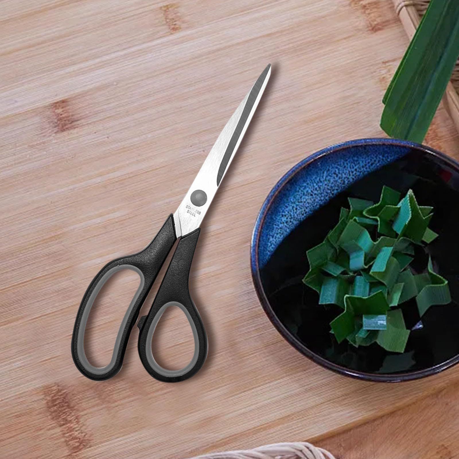 Gray multi-purpose scissors with an 8-inch ergonomic and comfortable grip, ultra-sharp stainless steel blades, heavy-duty sewing scissors suitable for crafts, office sewing, home and school use. - Image 5