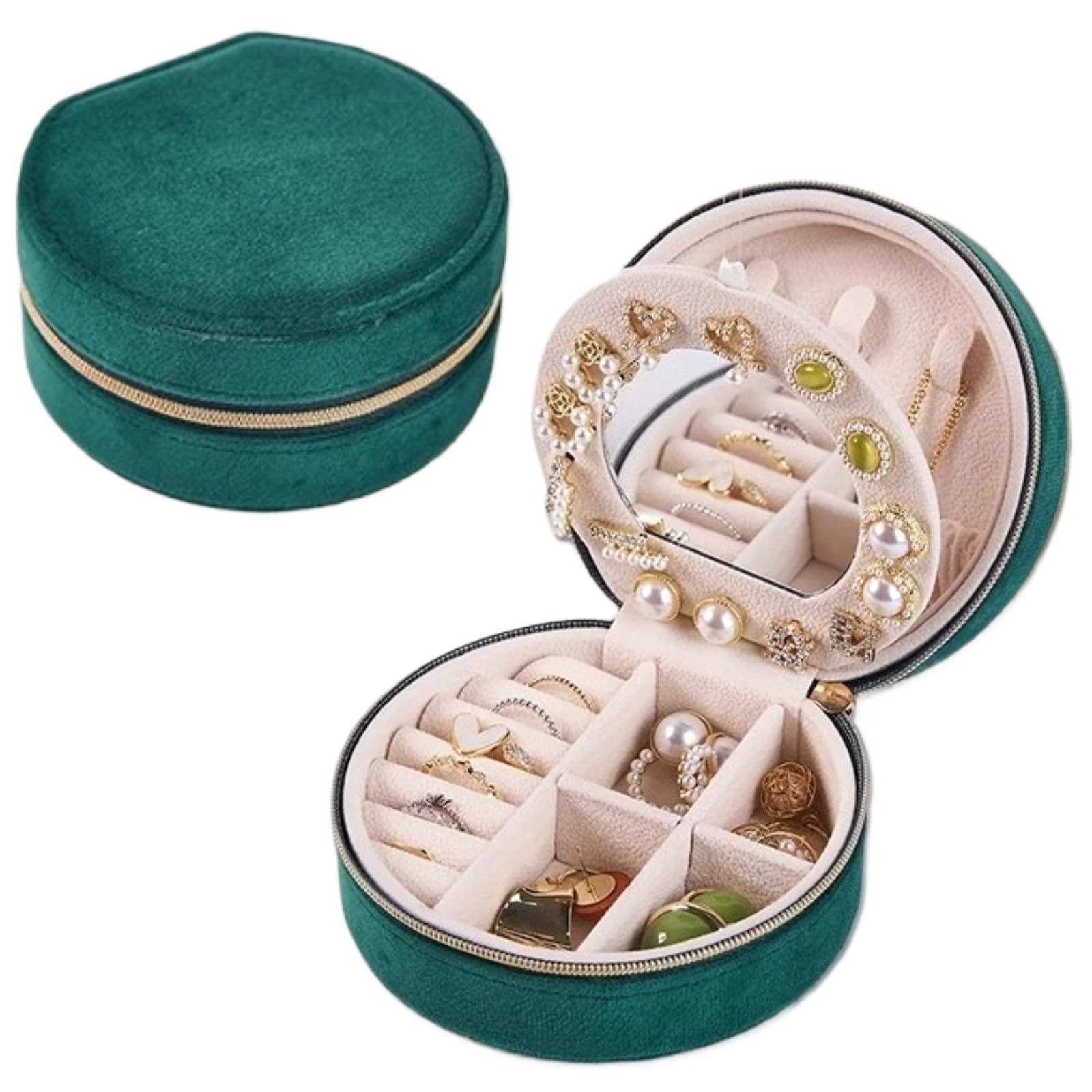 Green Small Portable Jewelry Box with Mirror for Travel, Luxury 3 Layers Jewelry Organizer Compact Case for Necklace Earring - Image 1