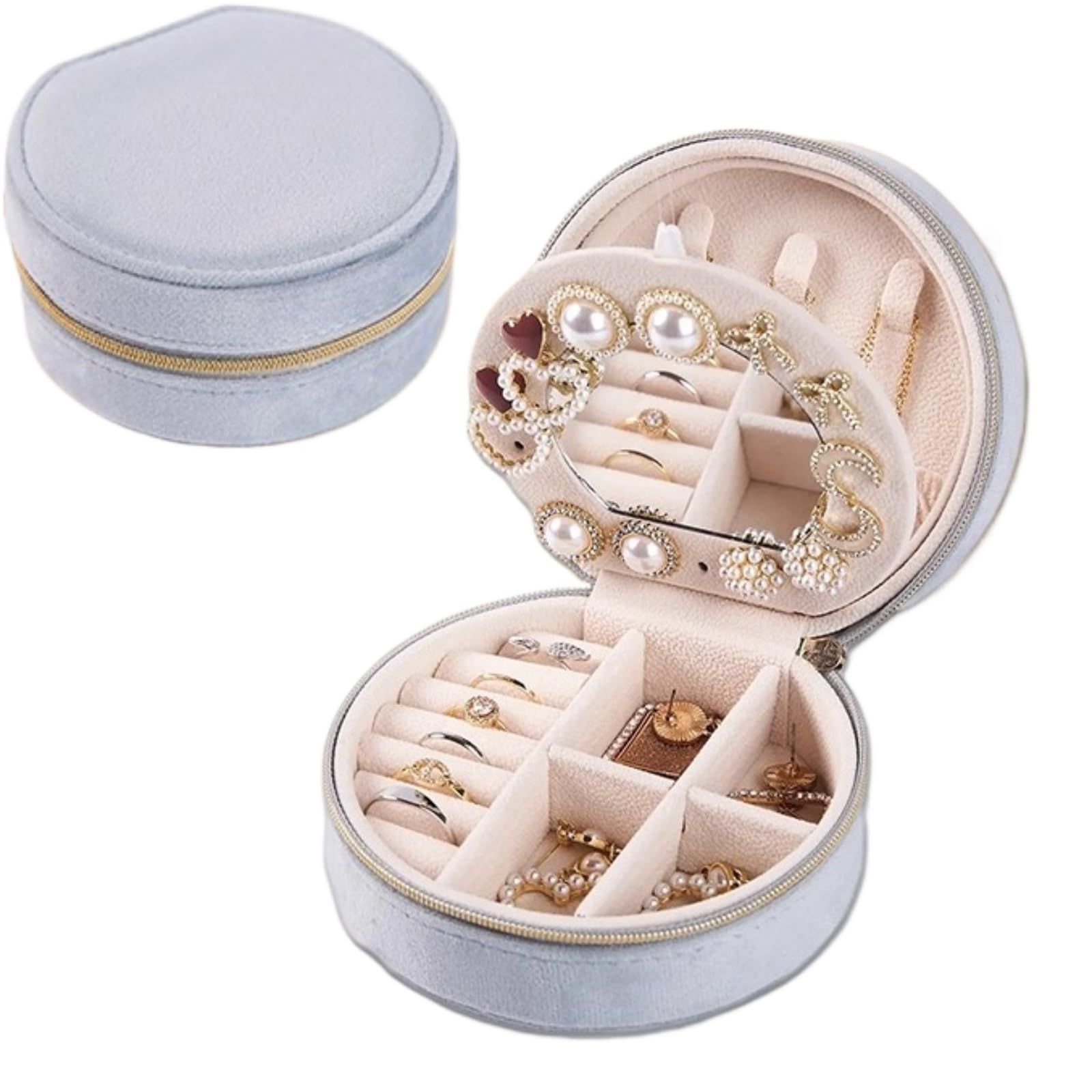 Starlight Gray Small Portable Jewelry Box with Mirror for Travel, Luxury 3 Layers Jewelry Organizer Compact Case for Necklace Earring - Image 1