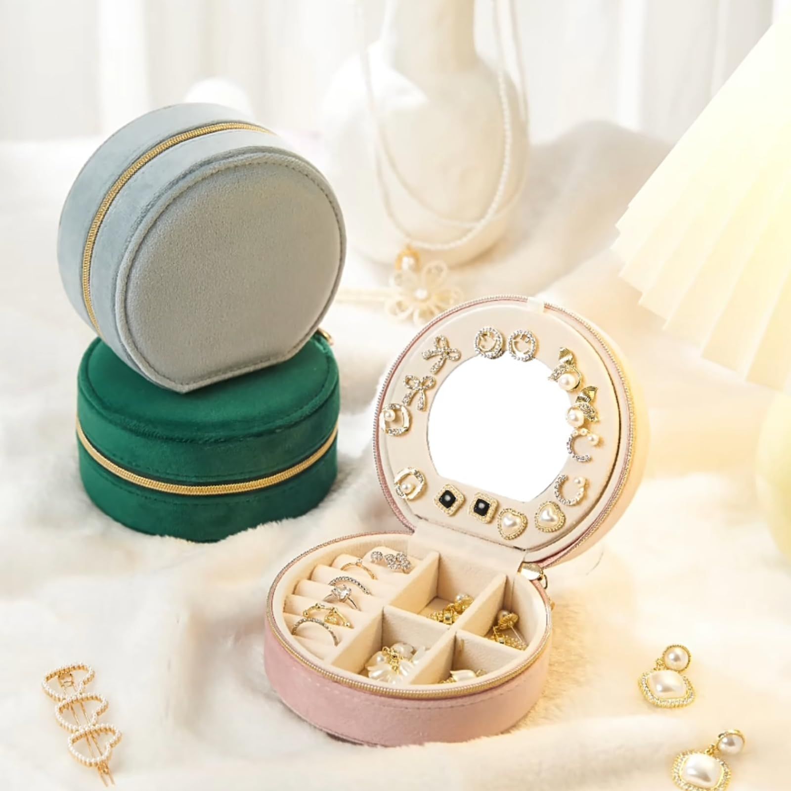 Starlight Gray Small Portable Jewelry Box with Mirror for Travel, Luxury 3 Layers Jewelry Organizer Compact Case for Necklace Earring - Image 3