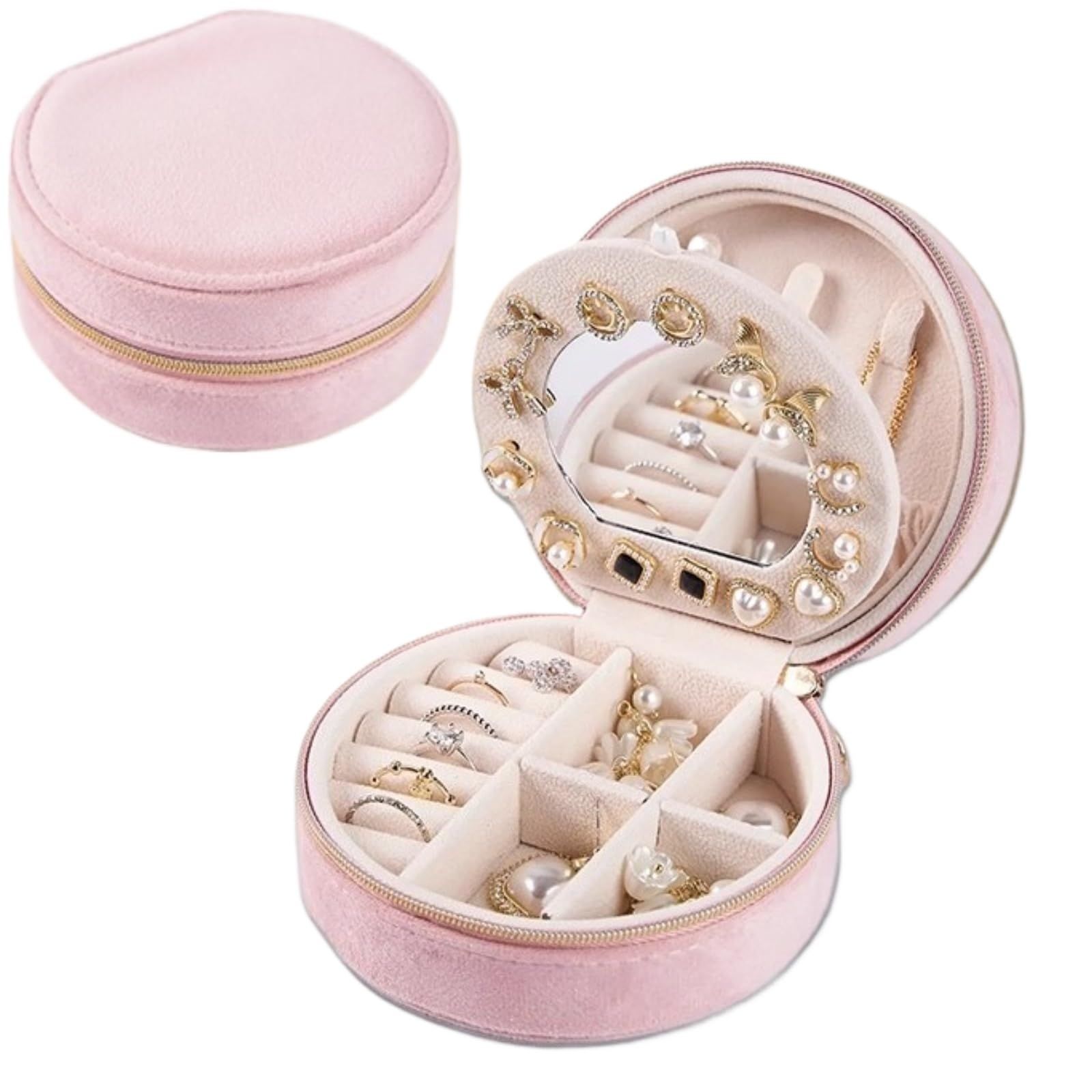 Pink Small Portable Jewelry Box with Mirror for Travel, Luxury 3 Layers Jewelry Organizer Compact Case for Necklace Earring - Image 1