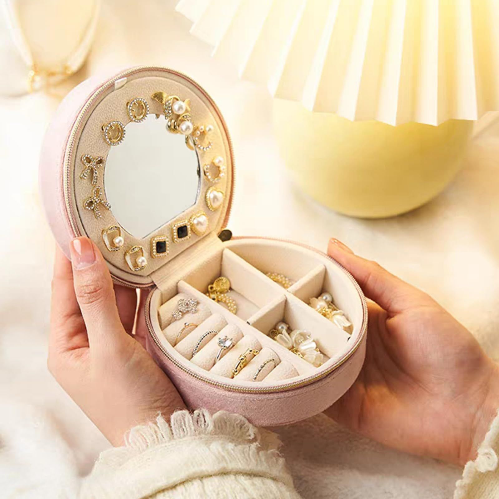 Pink Small Portable Jewelry Box with Mirror for Travel, Luxury 3 Layers Jewelry Organizer Compact Case for Necklace Earring - Image 2