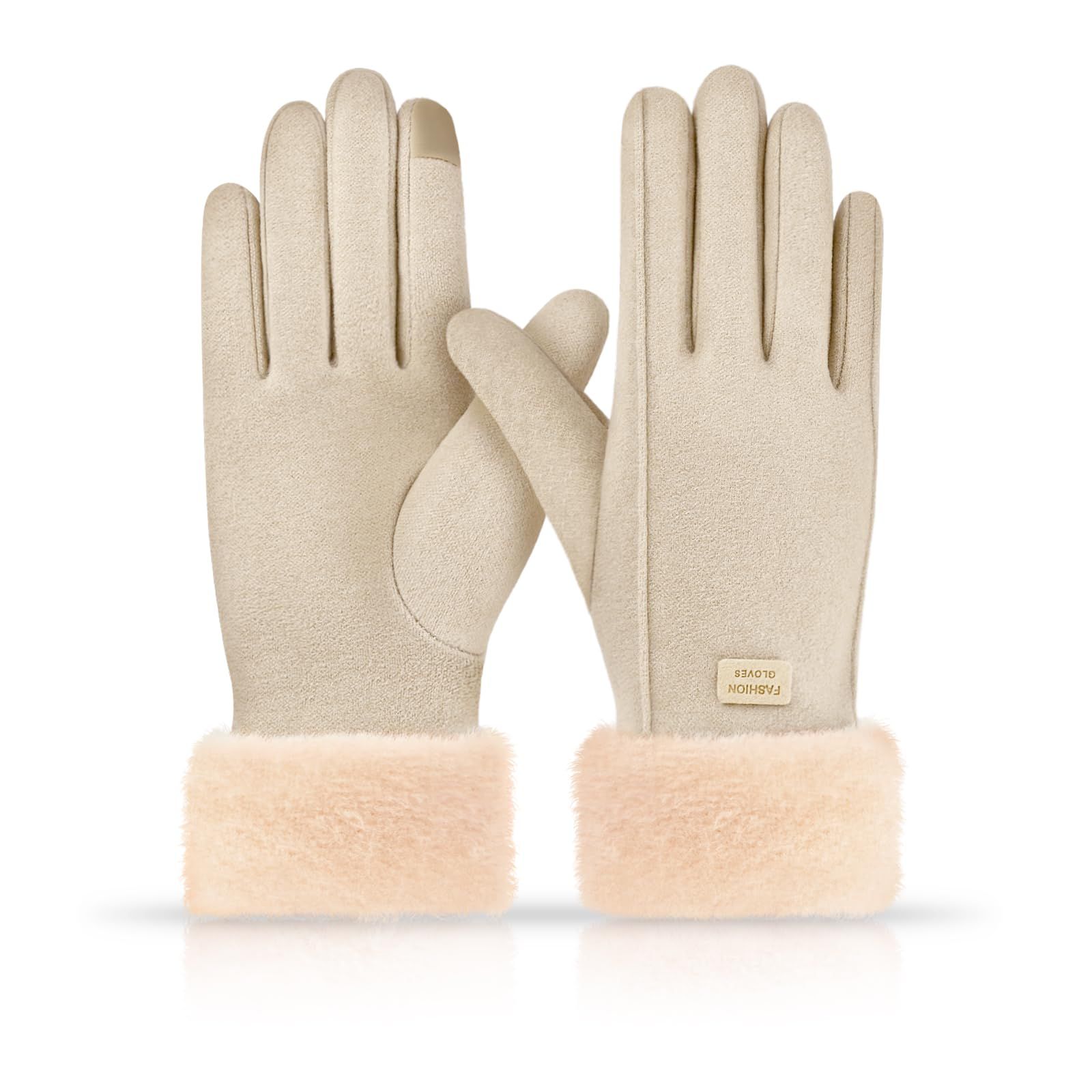 Gloves for Women Girl, Winter Touch Screen, Comfortable and Warm Double-Sided Velvet Lining Thickened Warm Glove,Khaki - Image 1