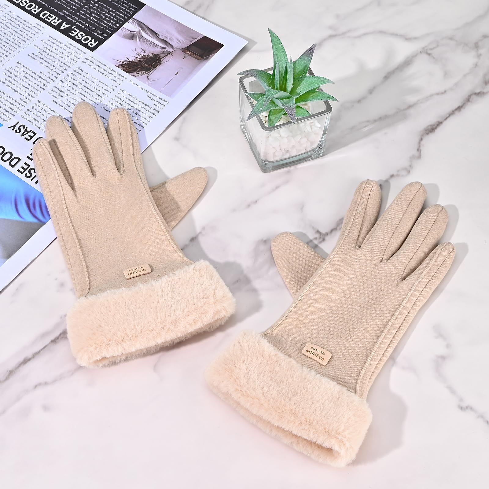 Gloves for Women Girl, Winter Touch Screen, Comfortable and Warm Double-Sided Velvet Lining Thickened Warm Glove,Khaki - Image 5