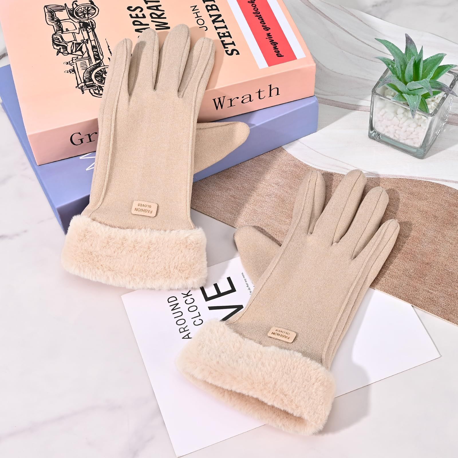 Gloves for Women Girl, Winter Touch Screen, Comfortable and Warm Double-Sided Velvet Lining Thickened Warm Glove,Khaki - Image 8