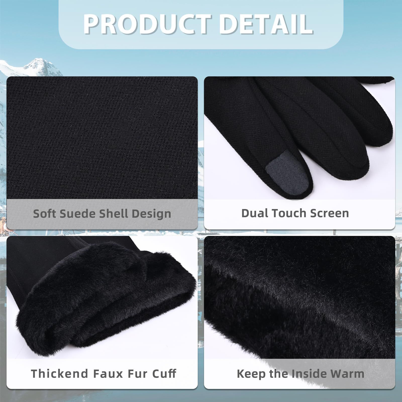 Gloves for Women Girl, Winter Touch Screen, Comfortable and Warm Double-Sided Velvet Lining Thickened Warm Glove,Black - Image 3