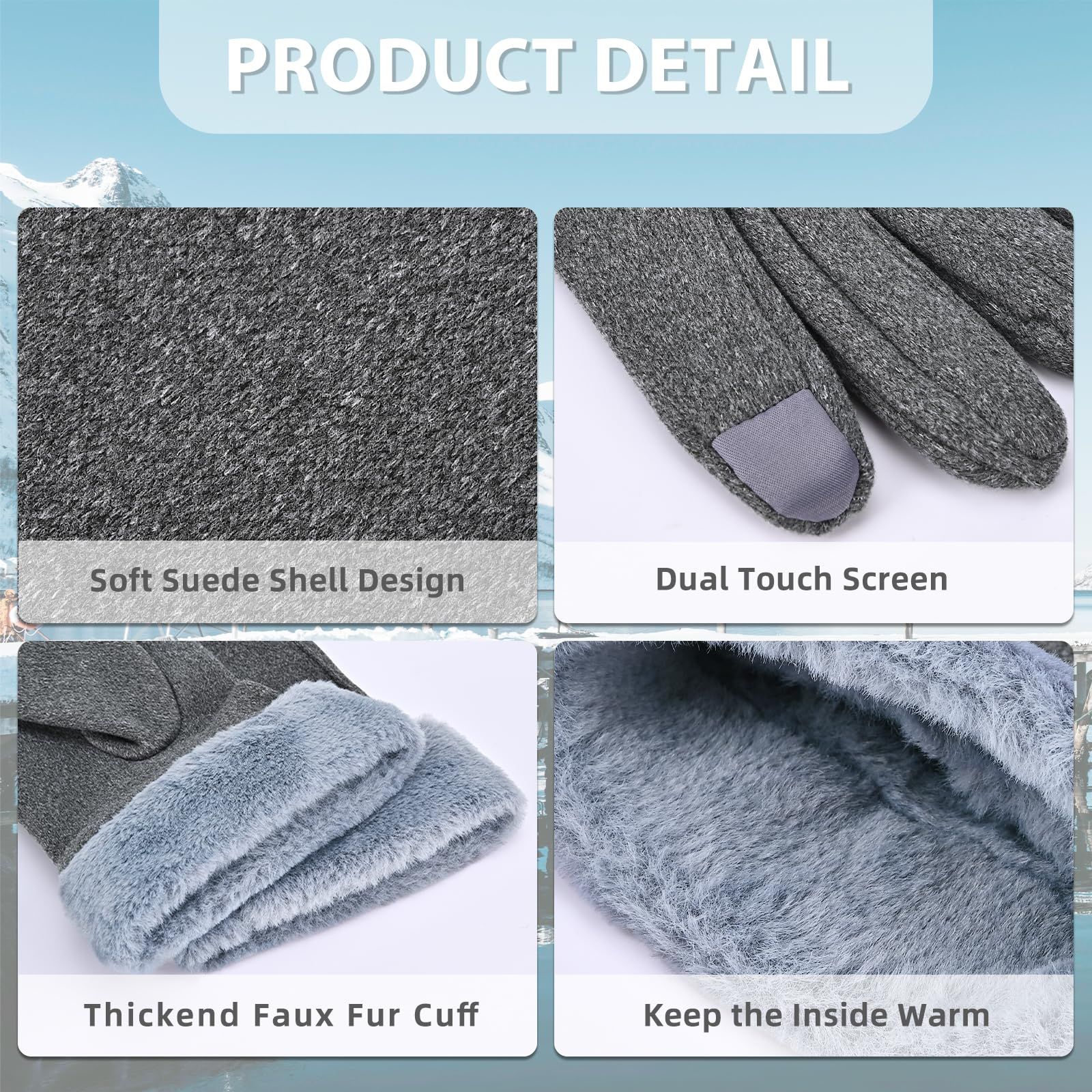 Gloves for Women Girl, Winter Touch Screen, Comfortable and Warm Double-Sided Velvet Lining Thickened Warm Glove,Grey - Image 3