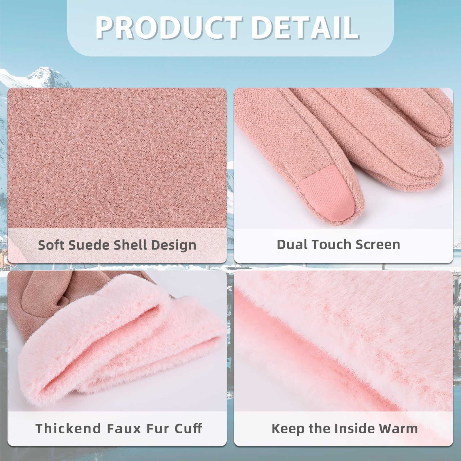 Gloves for Women Girl, Winter Touch Screen, Comfortable and Warm Double-Sided Velvet Lining Thickened Warm Glove,Pink - Image 3