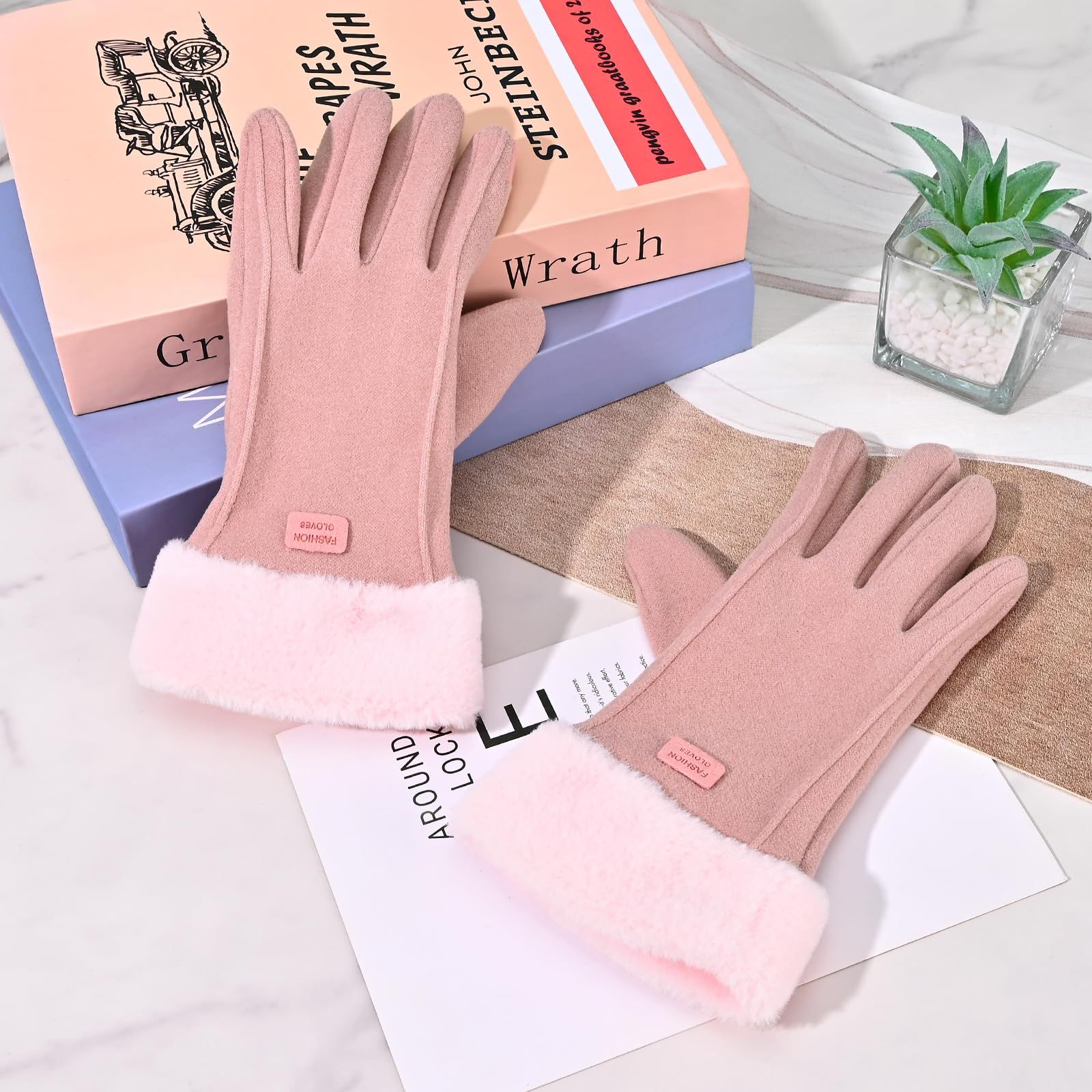 Gloves for Women Girl, Winter Touch Screen, Comfortable and Warm Double-Sided Velvet Lining Thickened Warm Glove,Pink - Image 5