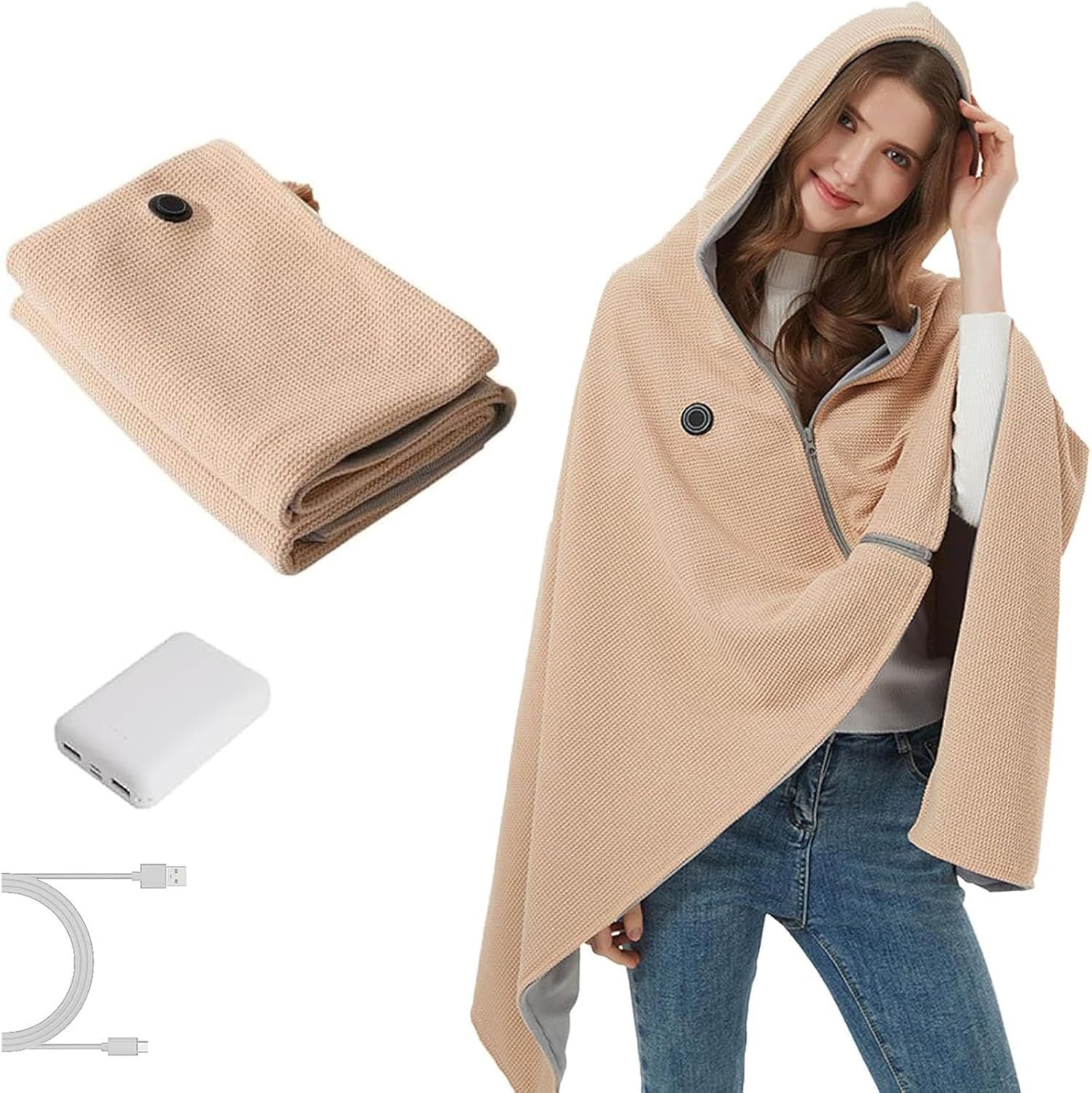 USB Power Supply Electric Heated Blanket Shawl Portable Wearable Heated Throw 3 Heat Levels Machine Washable Cozy 62x32 Inches,Apricot - Image 1