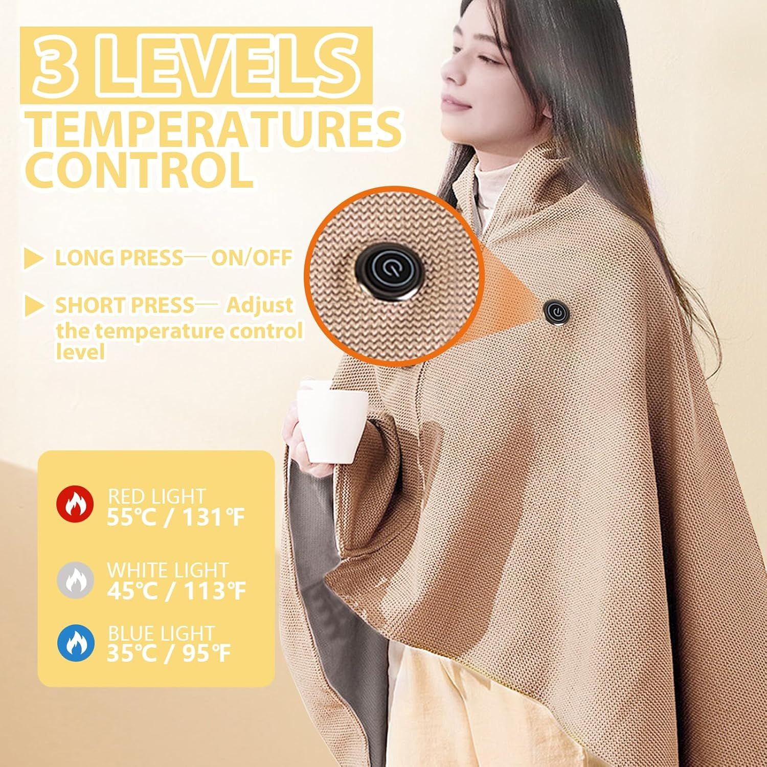 USB Power Supply Electric Heated Blanket Shawl Portable Wearable Heated Throw 3 Heat Levels Machine Washable Cozy 62x32 Inches,Green - Image 6
